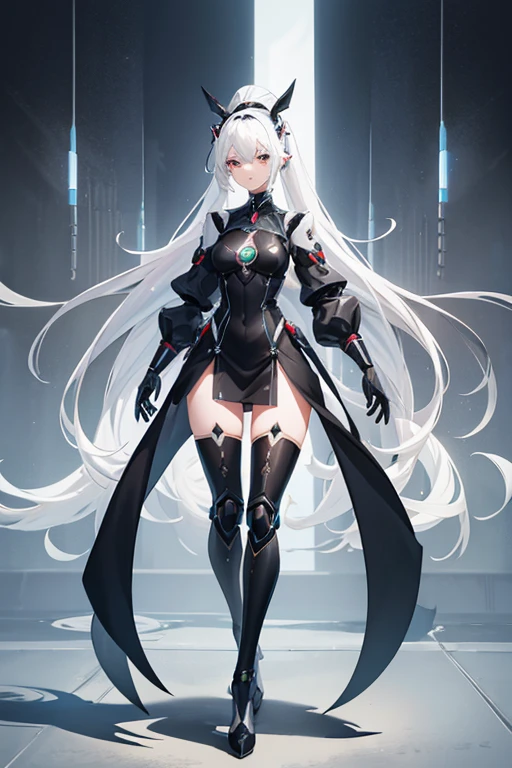 ((detailed), high_quality, master_quality, (realistic), (back), wet, 8k, masterpiece, (Tokarev), silver_hair, long_hair, red_eyes, sexy, slim_figure, (fortified_suit), bodysuit, (Cryska Barchenowa), high_heels, pistol_on_th_hip, dynamic_lightning, villain