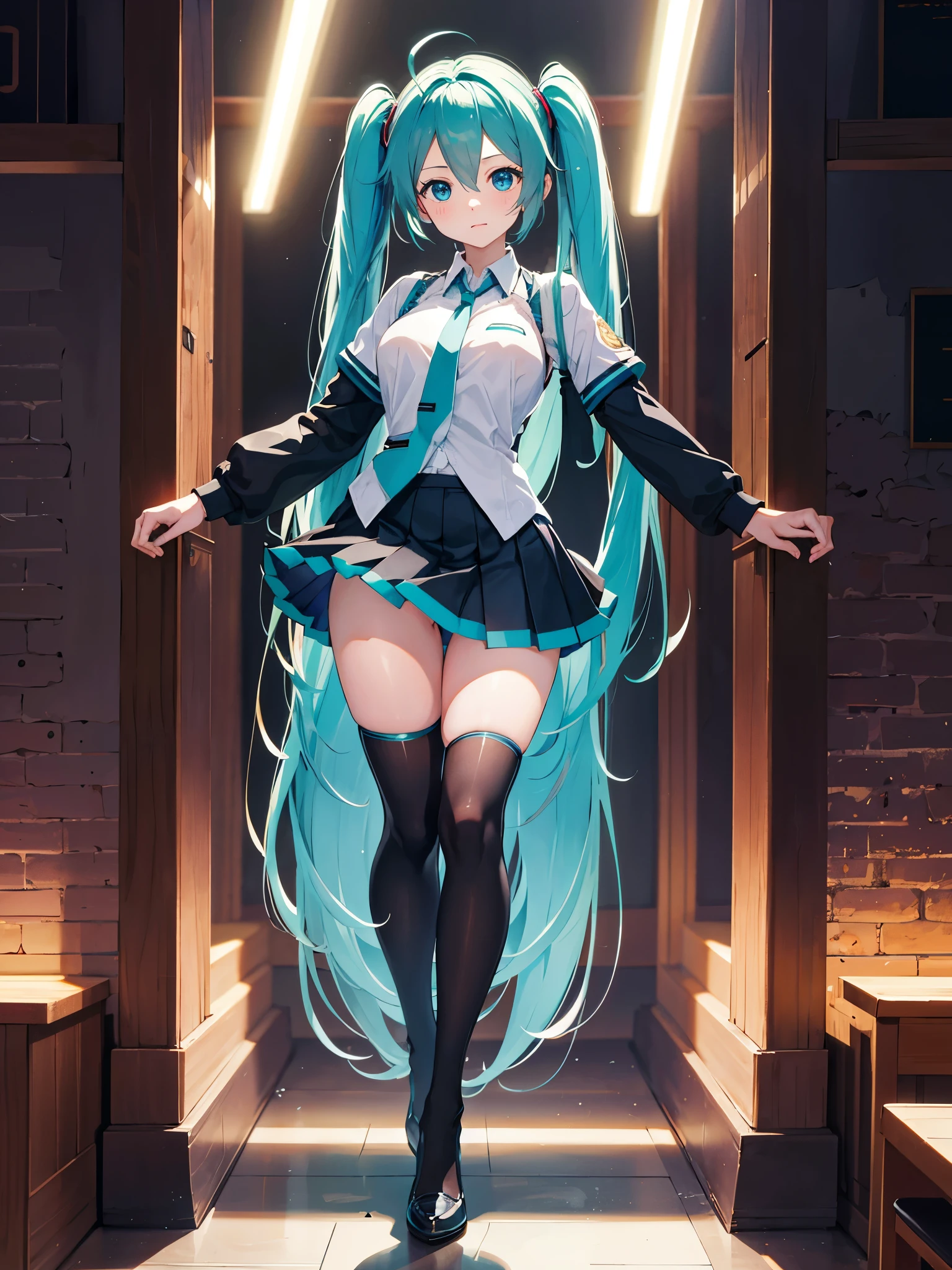 (1 girl),(high quality), (High resolution), (extremely detailed), (8K),(lower body shot),(Hatsune Miku is wearing panties under her school uniform and navy pleated skirt.),(wearing black knee-high stockings)not wearing shoes,perfect writing,(Beautifully erect nipple shape:1.2),High resolutionの美しい目,(neutral white lighting:1.2),Dancing in another world with strong winds