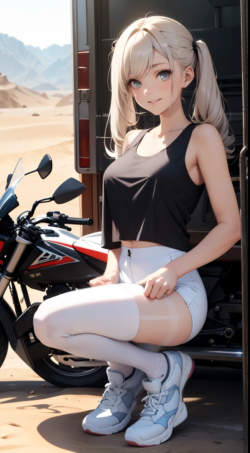 Silver detailed long twin tails, small breasts, (((white tank top and white shorts))),(((stylish tights))) 、break、(Full body Esbian)、desert、high sand mountain、break、Ride on a futuristic motocross bike、Detailed and futuristic motocross bike、break、smile、Uplifting、break、professional rider、professional wheelie、break、movie lighting、accurate depiction、8K quality、buckshot、break、raise your butt