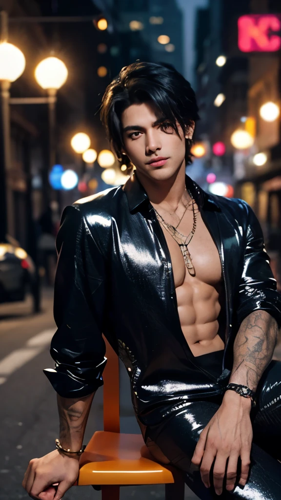 Handsome young man, he is wearing a bejeweled jumpsuit, his hair raven black, his toned body is visible, he has a smirk on his face, he has orange eyes he has a light stubble, he is sat down on a chair, his arms are holding on pole bar in the middle of the street.