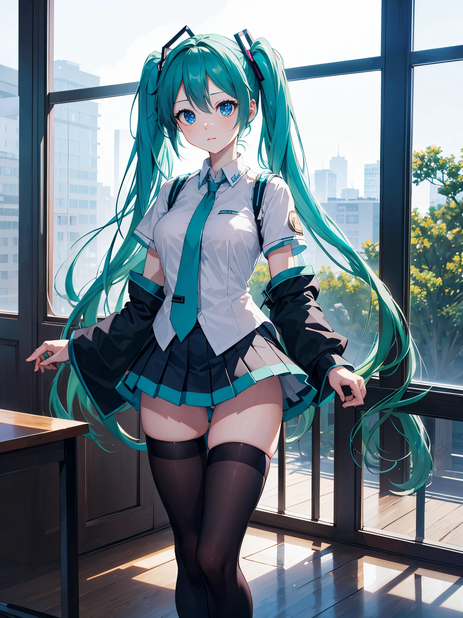 (1 girl),(high quality), (High resolution), (extremely detailed), (8K),(lower body shot),(Hatsune Miku is wearing panties under her school uniform and navy pleated skirt.),(wearing black knee-high stockings)not wearing shoes,perfect writing,(Beautifully erect nipple shape:1.2),High resolutionの美しい目,(neutral white lighting:1.2),Dancing in another world with strong winds