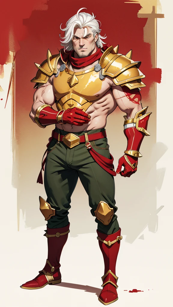 Man with golden helmet and thick white hair and red eyes and closed mouth and scar on his right eye and serious and masculine square chin and red armor and golden shoulder armor and golden bracelet on his wrists and yellow gloves on his hands and green pants and boots with thin spikes at the end of the golden foot and a cord full of golden balls around his neck and a red band on his arm and strong muscular arms and closed hands observing the spectator and gray skin and red watercolor background