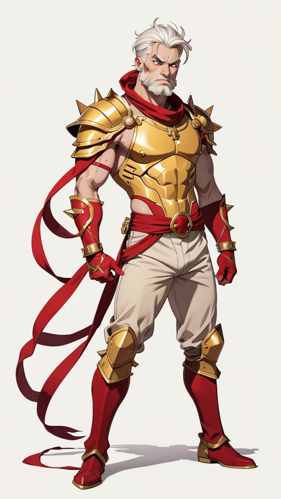 Man with golden helmet and thick white hair and red eyes and closed mouth and scar on his right eye and serious and masculine square chin and red armor and golden shoulder armor and golden bracelet on his wrists and yellow gloves on his hands and green pants and boots with thin spikes at the end of the golden foot and a cord full of golden balls around his neck and a red band on his arm and strong muscular arms and closed hands observing the spectator and gray skin and red watercolor background