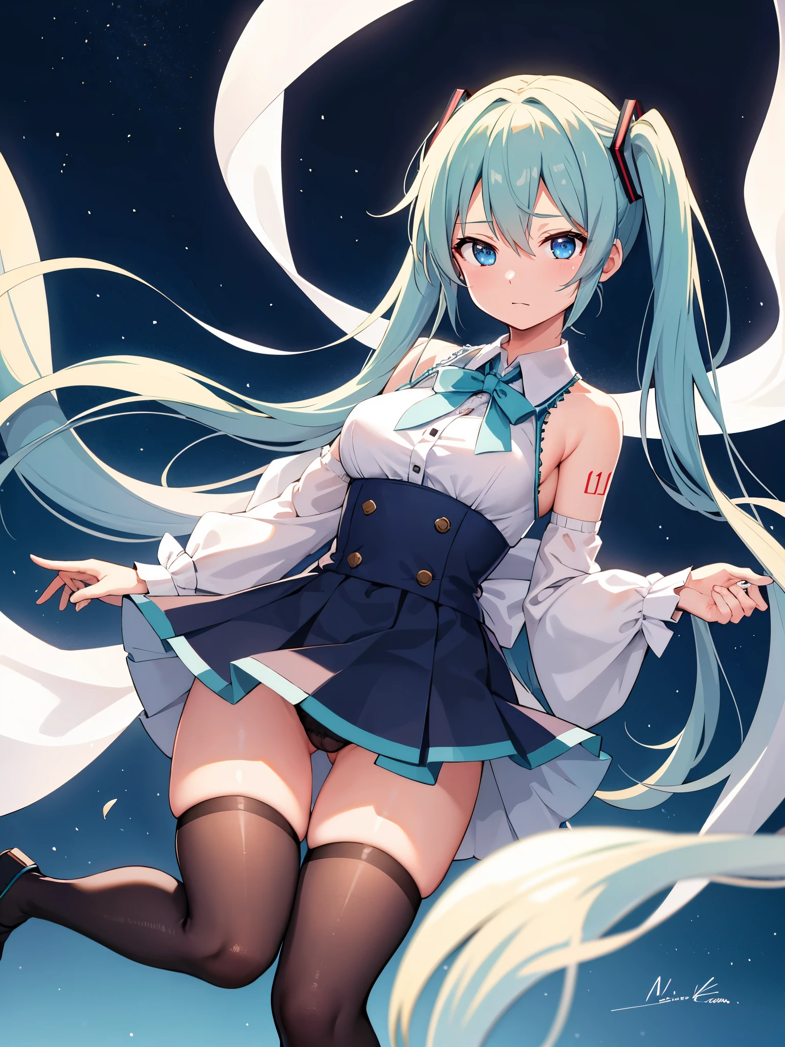 (1 girl),(high quality), (High resolution), (extremely detailed), (8K),(lower body shot),(Hatsune Miku is wearing panties under her evening dress and navy pleated skirt.),(wearing black knee-high stockings)not wearing shoes,perfect writing,(Beautifully erect nipple shape:1.2),High resolutionの美しい目,(neutral white lighting:1.2),Dancing in another world with strong winds