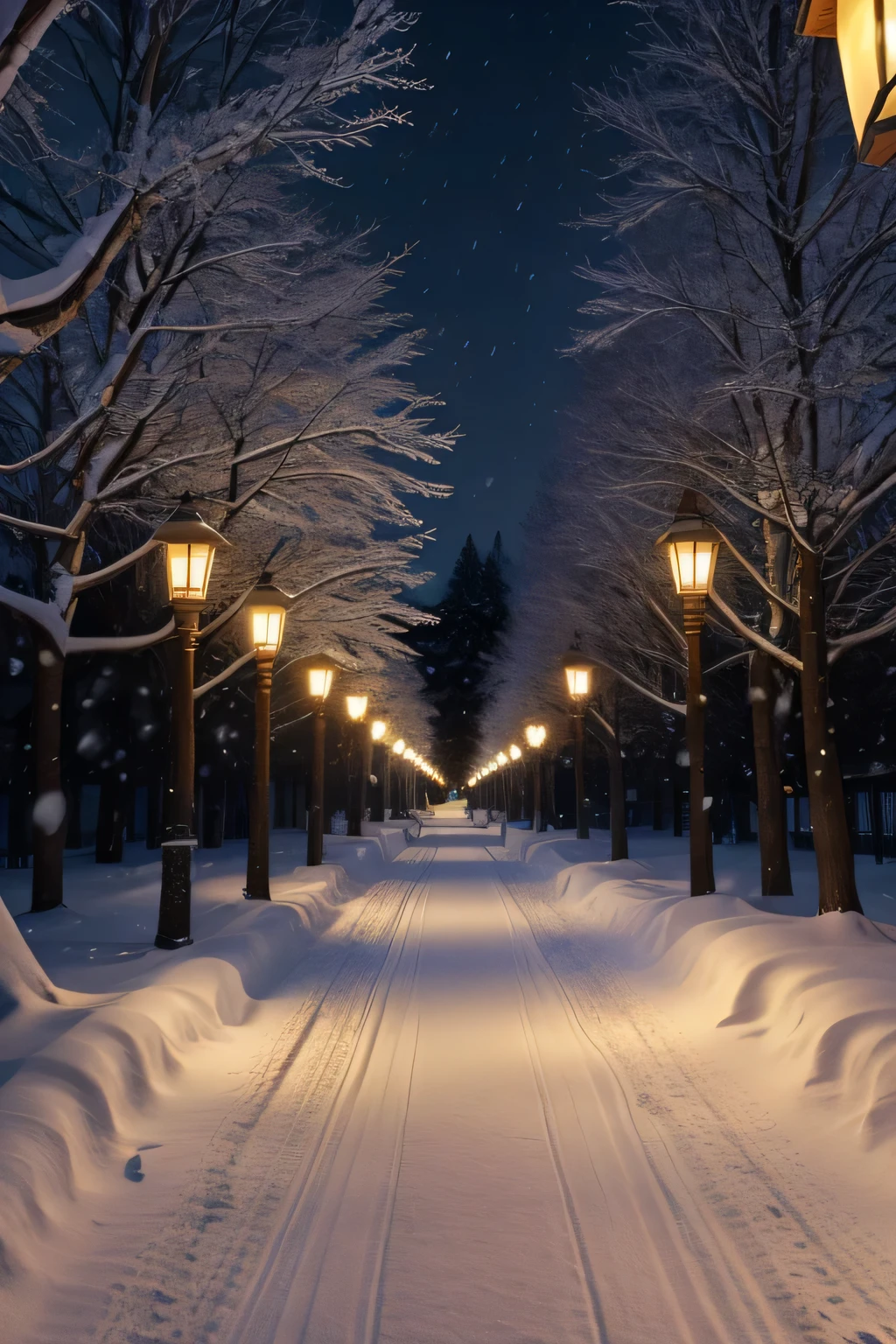 beautiful winter trail in the night park, Snow is falling, soft warm light of lanterns, landscape, photorealism, Hyperrealism