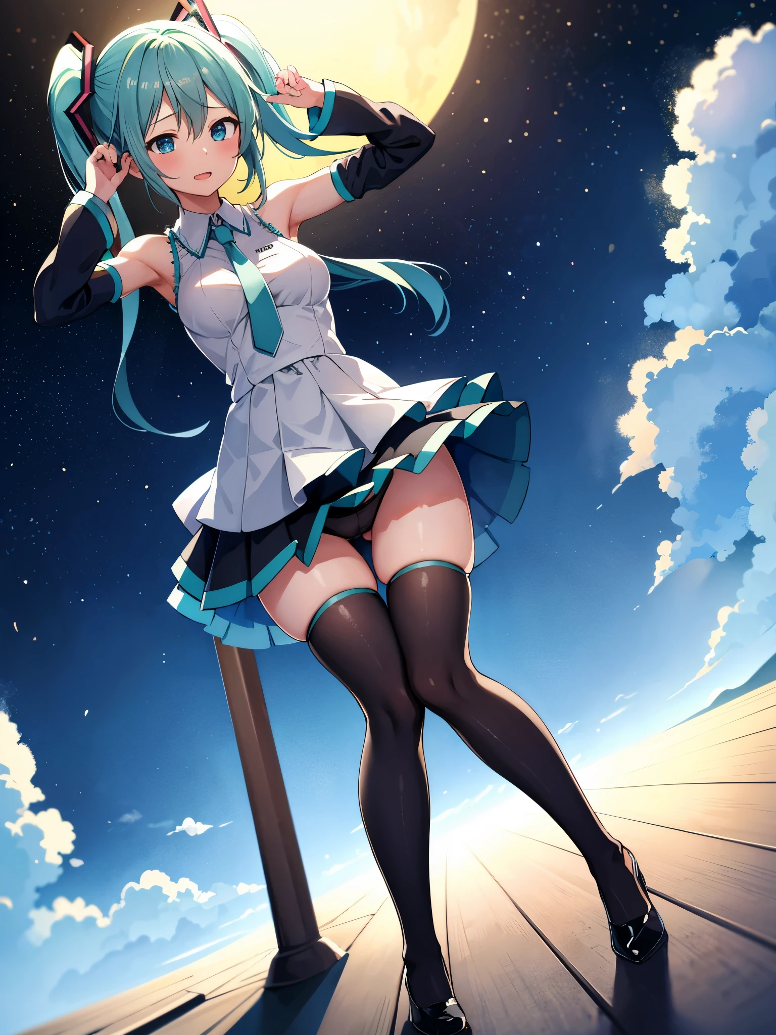 (1 girl),(high quality), (High resolution), (extremely detailed), (8K),(lower body shot),(Hatsune Miku is wearing under her evening dress and navy pleated skirt.),(wearing black knee-high stockings)not wearing shoes,perfect writing,(Beautifully erect n shapeHigh resolutionの美しい目,(neutral white lighting:1.2),Dancing in another world withrong winds