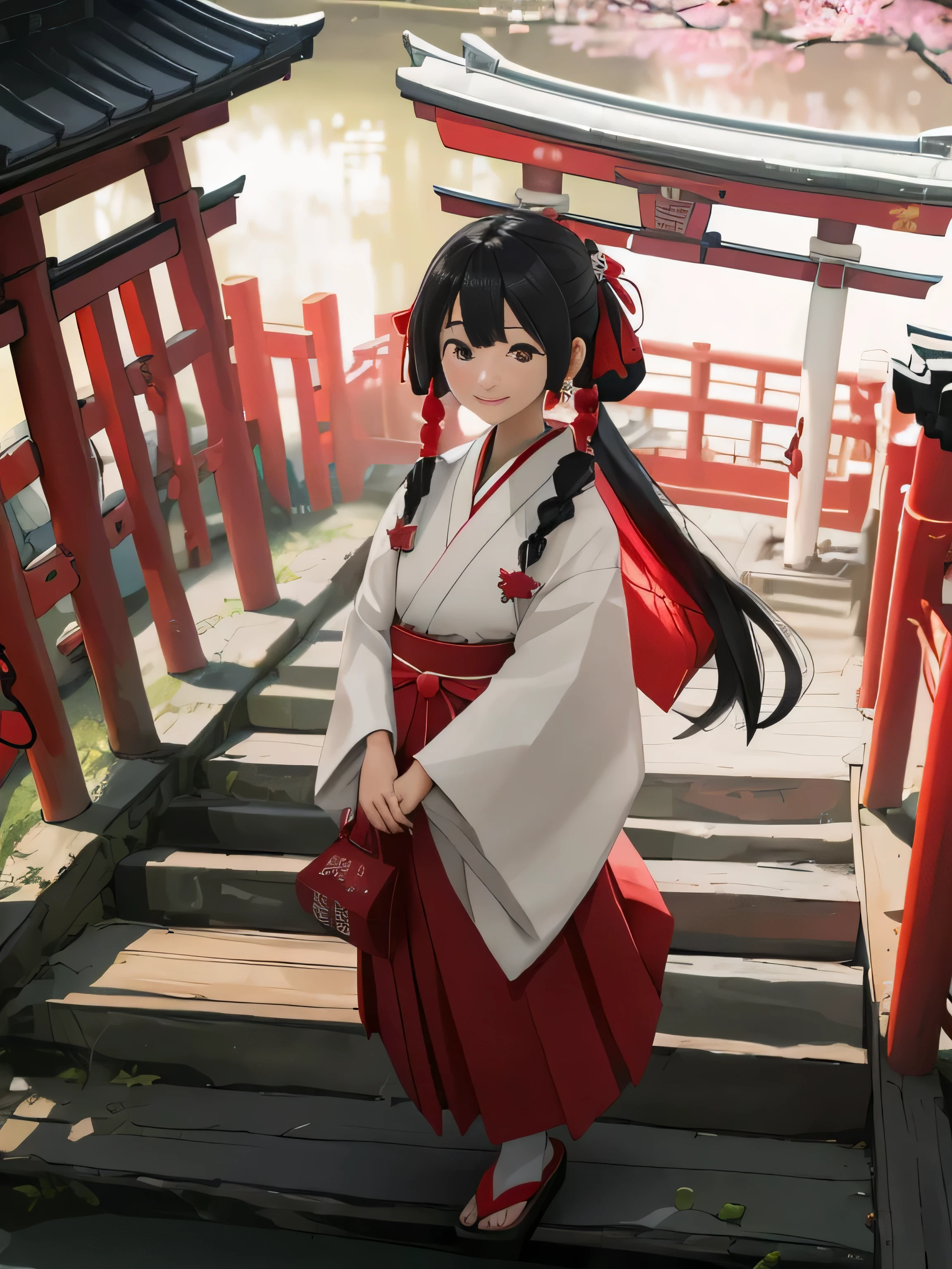 ((RAW image quality:1.4))、8K resolution、3D, masterpiece, highest quality, 1 girl, Upper body, shrine maiden, History reference: Modern Japan、country: Tokyo city、hairstyle on: long straight hair、clothing: casual white kimono、Red too, shoes: wooden clogs、accessories: Japanese style torii necklace、angle from above,