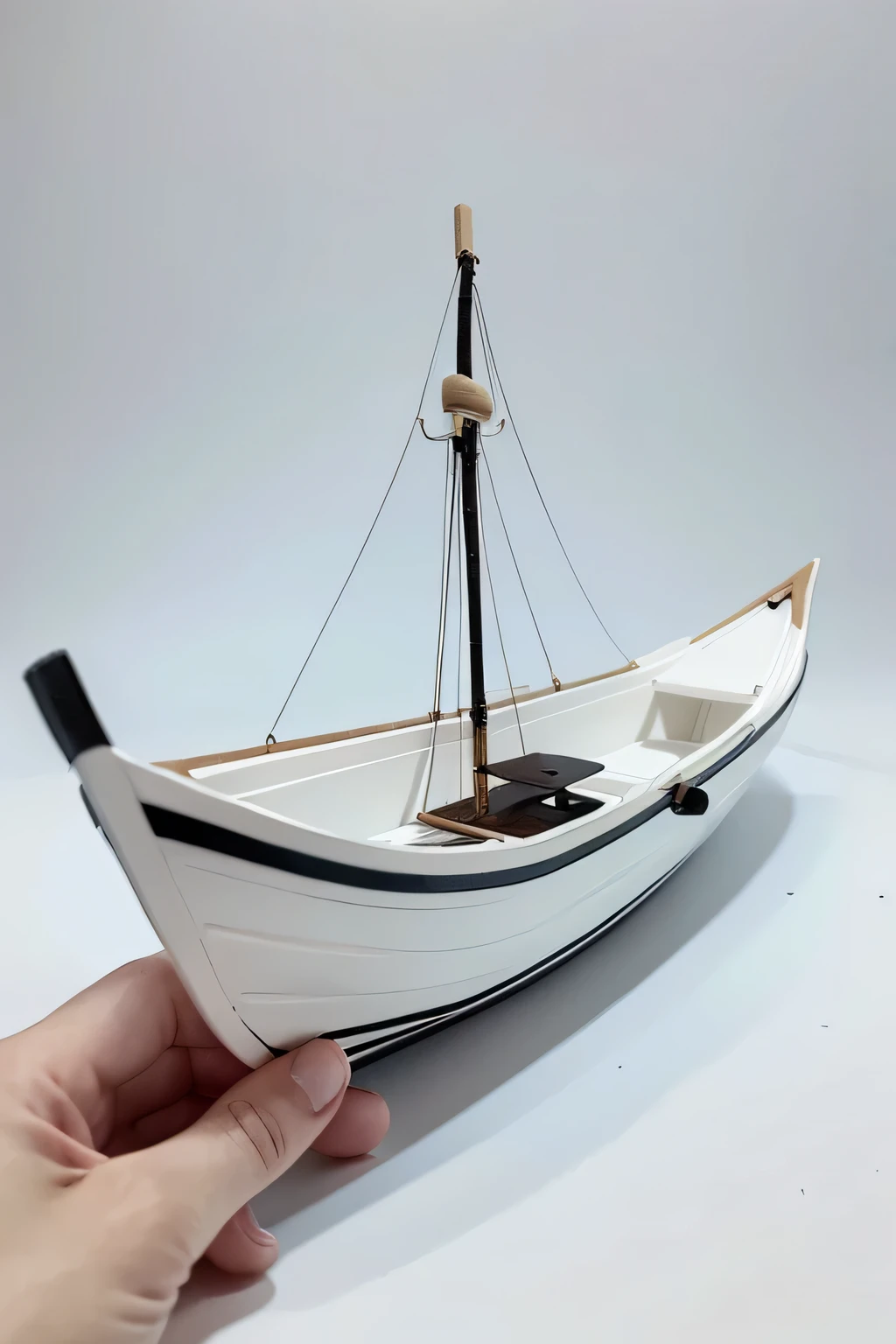 Help me draw a small white wooden boat。White black background