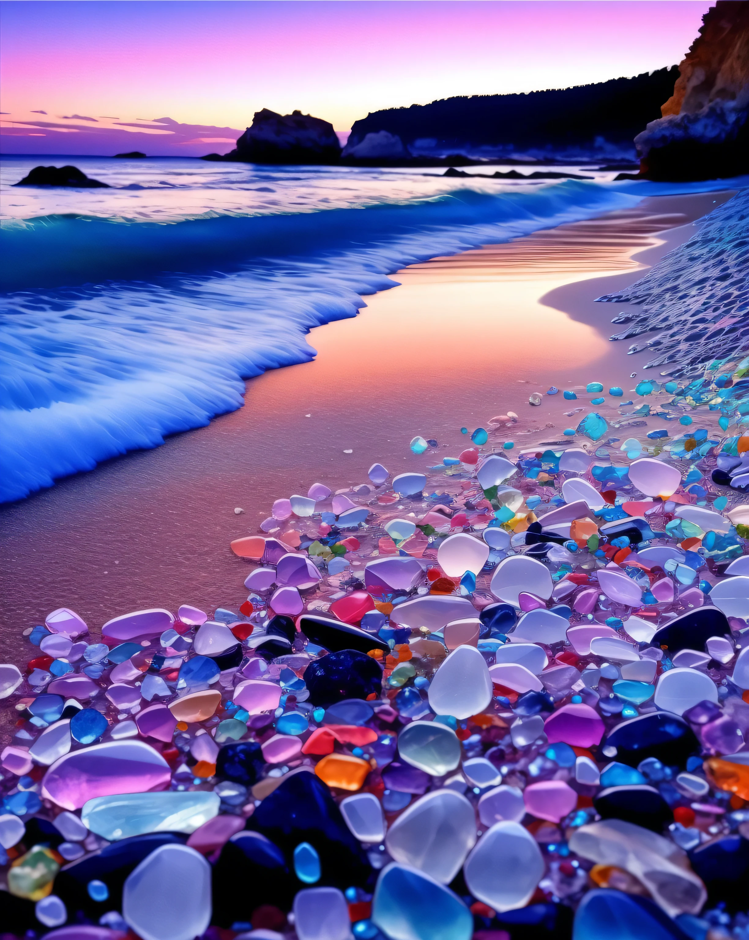 (beautiful bright colors, crystal clear water, Colorful gems, stunning beach, charming nature, stunning bay, beautiful artwork, Vibrant beach, startling colors, detailed sea, Rainbow crystals)