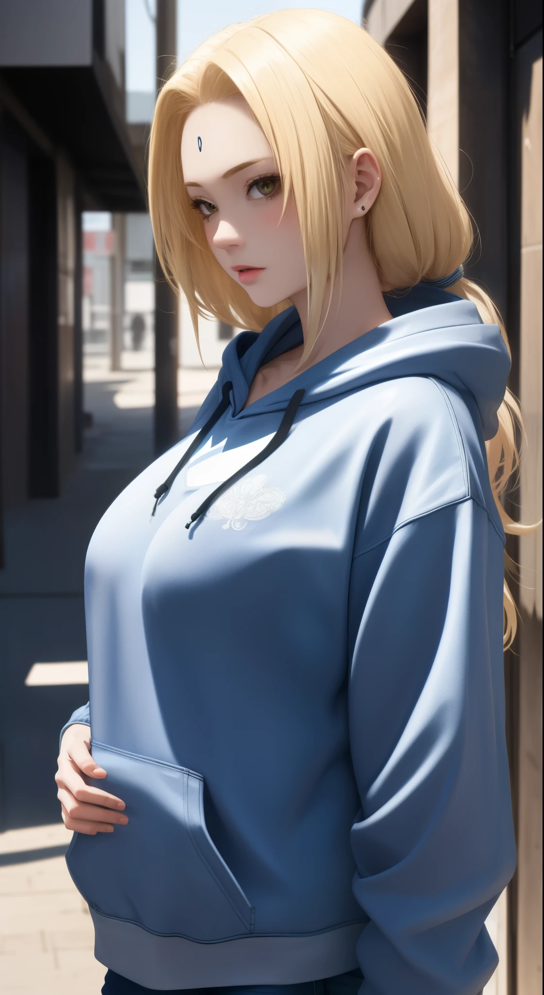 highres, masterpiece, ((intricate details)), highly detailed,  upper body, 1girl, blonde hair, blue forehead mark, tsunade_senju, wearing Streetwear Hoodie, stylish, blue jeans, dinamic lighting, vivid colours 