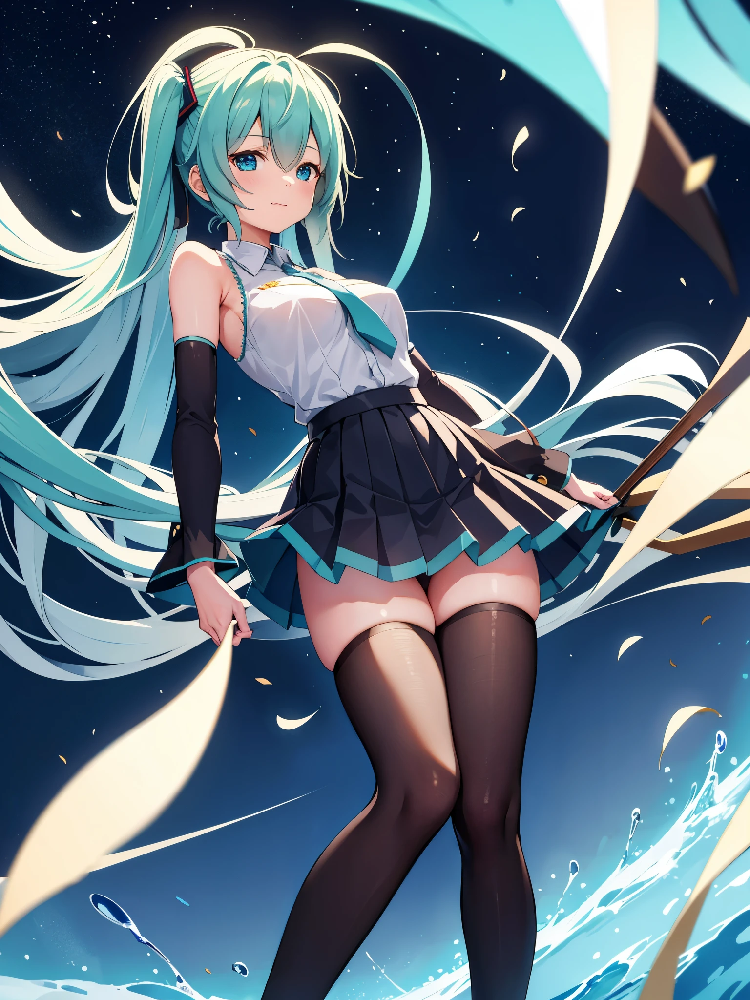 (1 girl),(high quality), (High resolution), (extremely detailed), (8K),(lower body shot),(Hatsune Miku is wearing panties under her evening dress and navy pleated skirt.),(wearing black knee-high stockings)not wearing shoes,perfect writing,(Beautifully erect nipple shape:1.2),High resolutionの美しい目,(neutral white lighting:1.2),Dancing in another world with strong winds