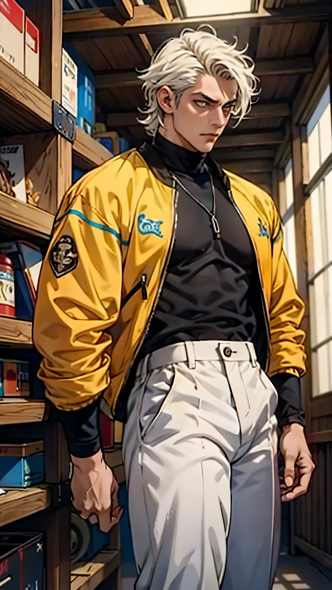 A young man with platinum-colored crew-cut hair, exuding sharp determination in his gaze. His well-defined facial features reveal a hint of arrogance. Dressed in a fusion of Western and Eastern fantasy-reality style, he wears a dark, form-fitting top complemented by a yellow-blue short jacket. The ensemble completed with loose white utility pants and sturdy high boots. He swiftly navigates through an ancient fantasy-reality style architecture, embodying an anime-inspired rogue, blending intricacy with mature artistic style, symmetrical face, extremely detailed eyes and face, high quality eyes, high definition, highres, ultra-fine painting, exquisite and mature, extremely delicate, professional, anatomically correct, creativity, UHD, HDR, 32k, Natural light, cinematic lighting, best shadow, masterpiece-anatomy-perfect, best quality, masterpiece, ultra-detailed