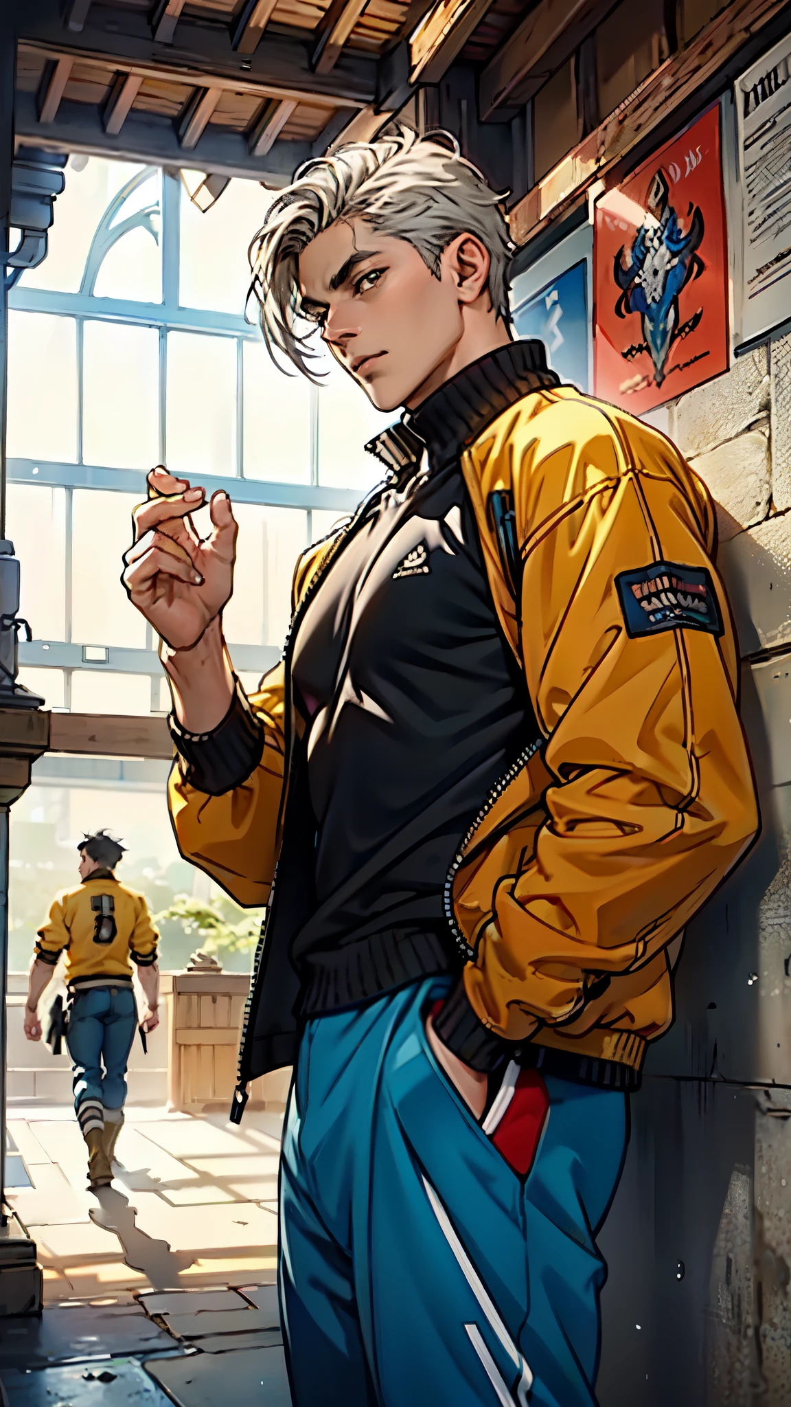A young man with platinum-colored crew-cut hair, exuding sharp determination in his gaze. His well-defined facial features reveal a hint of arrogance. Dressed in a fusion of Western and Eastern fantasy-reality style, he wears a dark, form-fitting top complemented by a yellow-blue short jacket. The ensemble completed with loose white utility pants and sturdy high boots. He swiftly navigates through an ancient fantasy-reality style architecture, embodying an anime-inspired rogue, blending intricacy with mature artistic style, symmetrical face, extremely detailed eyes and face, high quality eyes, high definition, highres, ultra-fine painting, exquisite and mature, extremely delicate, professional, anatomically correct, creativity, UHD, HDR, 32k, Natural light, cinematic lighting, best shadow, masterpiece-anatomy-perfect, best quality, masterpiece, ultra-detailed