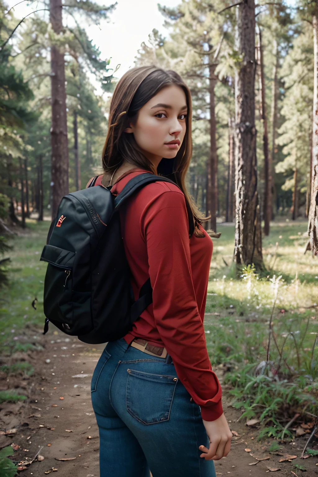 a back view of a woman with long hair, portrait sophie mudd, extremely beautiful face, in a sunny day on a forest trail wearing a backpack and hiking boots going on a hike in a pine forest wearing a red squared shirt and farmer jeans