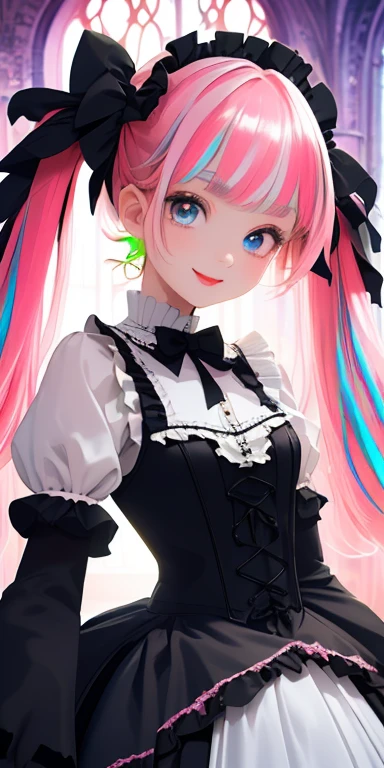(pink hair,colorful fluorescence multicolored hair:1.5,twintails:1.5), (masterpiece, sidelights, exquisite beautiful eyes: 1.5), masterpiece*portrait, realistic, ((gothic horror background:1.5)),(Gentle face:1.5),colorful,3D face,(cute face),front view: 1.6、 (glowing red eyes:1.2),(tareme:1.5)、(cute smile:1.5),((blue lips:1.2)),Slim Body, shiny hair, shiny skin: 1.5、medium breasts,、solo,(stand)、(gothic lolita dress:1.5)、(charactor focus:1.5、portlate、eye focus,cowboy shot)、bright atmosphere,intricatedetails