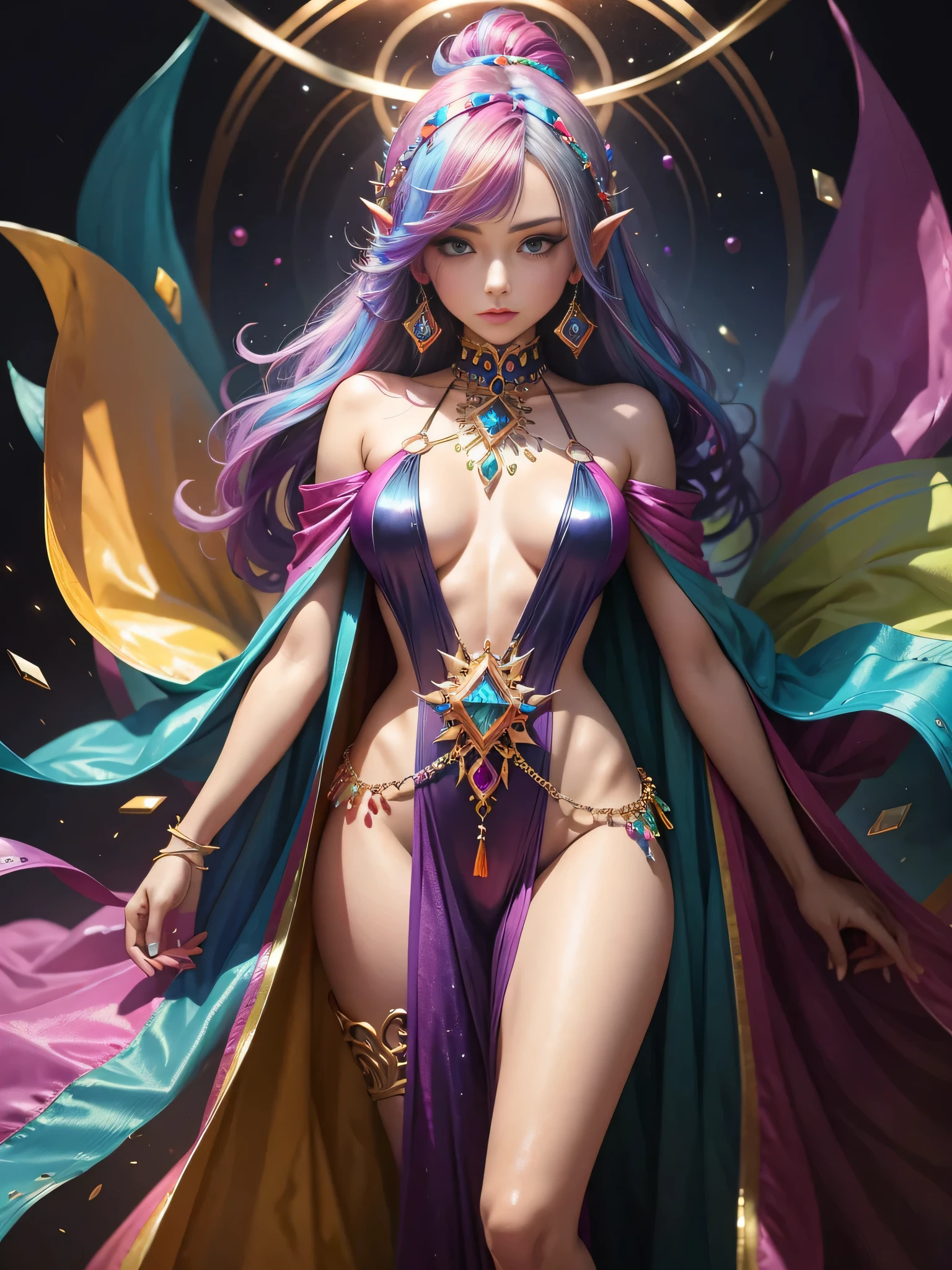 Colorful gems,a female mage,rainbow colored hair,Jeweled Robe,Perfect body,Microkini,All over sequins