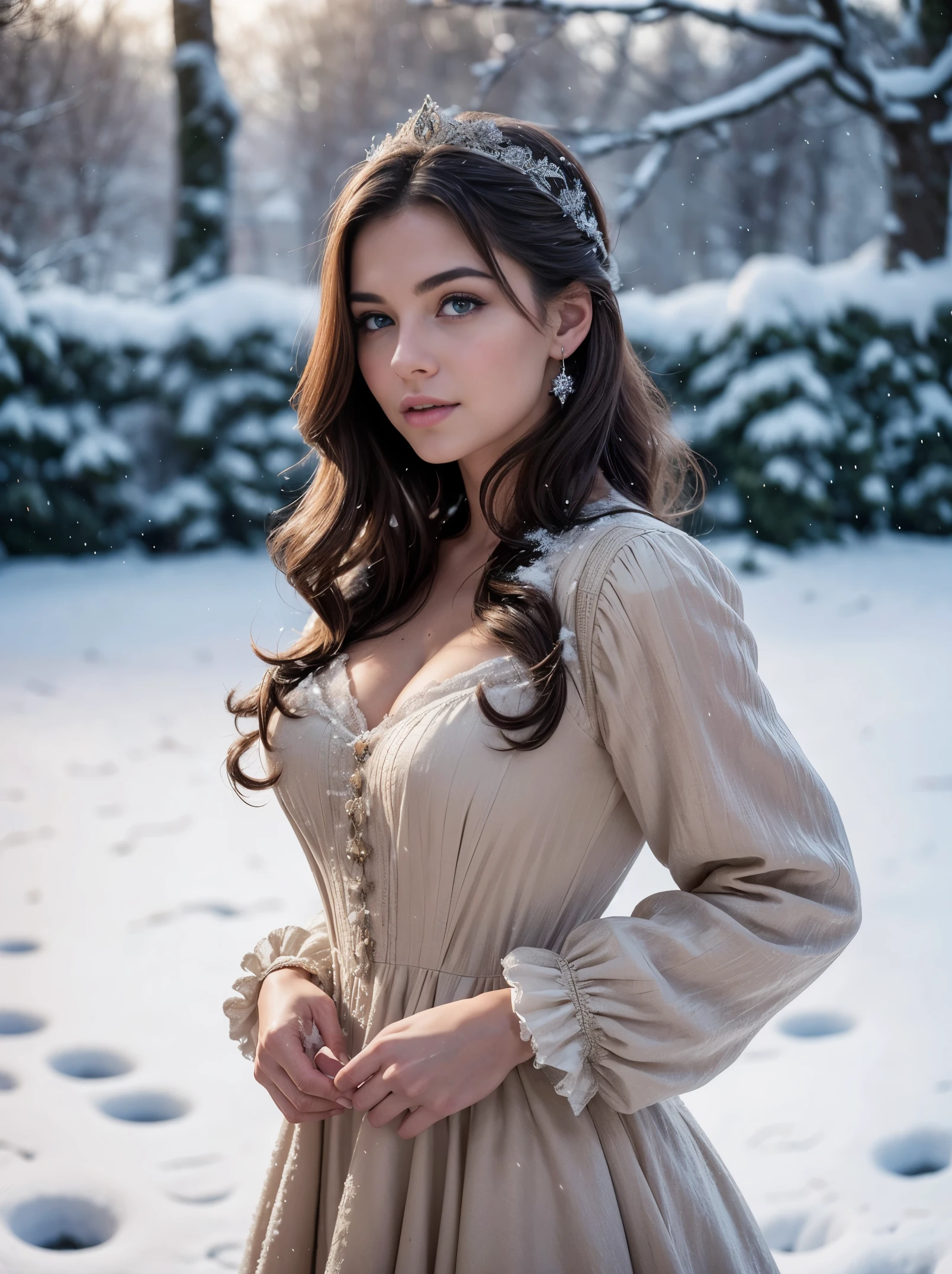 From above. Full body shot of an ultra hot orgeous European woman, age 23, light auburn bun and wavy hair.
she's a men magazine model. She has a subtle smile and flirts with the camera.
( she's standing upright in a snowy French garden of a 18th century French castle, wearing a 18th century French countess dress:1.2), winter starry night.
perfect eyes, perfect hands, perfect body, perfect hair, perfect breast, hair behind ear, blurry foreground, UHD, retina, masterpiece, accurate, anatomically correct, textured skin, super detail, high details, high quality, award winning, best quality, highres, 16k, 8k,