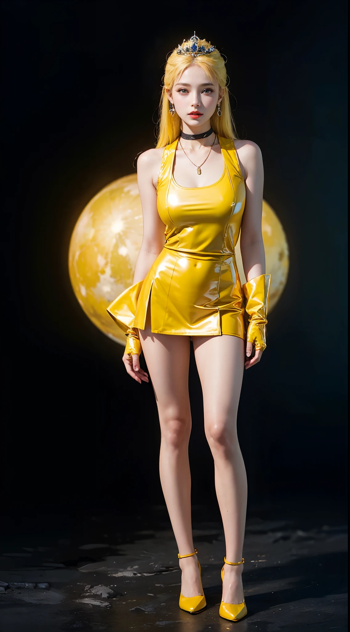((masterpiece:1.4)、(highest quality:1.4)、(realistic:1.7))、master piece:1.4、beautiful girl、(beautiful girl戦士セーラームーン:1.4)、moon野うさぎ、Body fit sexy sailor warrior uniform、(shiny latex)、(The jacket is a white sleeveless sailor uniform....)、(Skirt Blue Sexy Ultra Ultra Pleated Mini Skirt)、There are two thin blue lines on the collar of the sailor uniform................、high leg swimsuit、red cloth decoration on the chest、(wearing white gloves)、cute girl、Super beautiful、sharp focus、portrait photography、(perfect female body:1.4)、perfect proportions、(full body photography:1.4)、beautiful face、beautiful eyes、narrow waist、beautiful feet、(yellow hair:1.4)、(long hair:1.2)、beautiful breasts、big breasts:1.2、sexy butt、Raw photo、red lips、red high heels:1.4、choker:1.4、necklace:1.4、earrings:1.4、luxurious golden tiara:1.4、1 screen display、moon、universe、universe船、universeステーション、city of the future