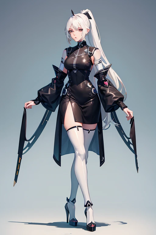 That the girl has silver hair and that she has a futuristic style in her clothes with a background of a square with cherry trees