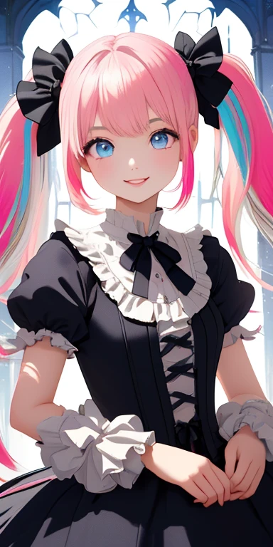 (pink hair,colorful fluorescence multicolored  hair:1.5,twintails:1.5), (masterpiece, sidelights, exquisite beautiful eyes: 1.5), masterpiece*portrait, realistic, ((gothic horror background:1.5)),(Gentle face:1.5),colorful,3D face,(cute face),front view: 1.6、 (glowing red eyes:1.2),(tareme:1.5)、(cute smile:1.5),((blue lips:1.2)),Slim Body, shiny hair, shiny skin: 1.5、medium breasts,、solo,(stand)、(gothic lolita dress:1.5)、(charactor focus:1.5、portlate、eye focus,cowboy shot)、bright atmosphere,intricatedetails