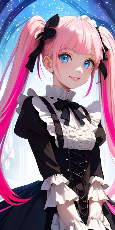 (pink hair,colorful fluorescence multicolored  hair:1.5,twintails:1.5), (masterpiece, sidelights, exquisite beautiful eyes: 1.5), masterpieceportrait, realistic, ((gothic horror background:1.5)),(Gentle face:1.5),colorful,3D face,(cute face),front view: 1.6、 (glowing red eyes:1.2),(tareme:1.5)、(cute smile:1.5),((blue lips:1.2)),Slim Body, shiny hair, shiny skin: 1.5、medium breasts,、solo,(stand)、(gothic ta dress:1.5)、(charactor focus:1.5、portlate、eye focus,cowboy shot)、bright atmosphere,intricatedetails