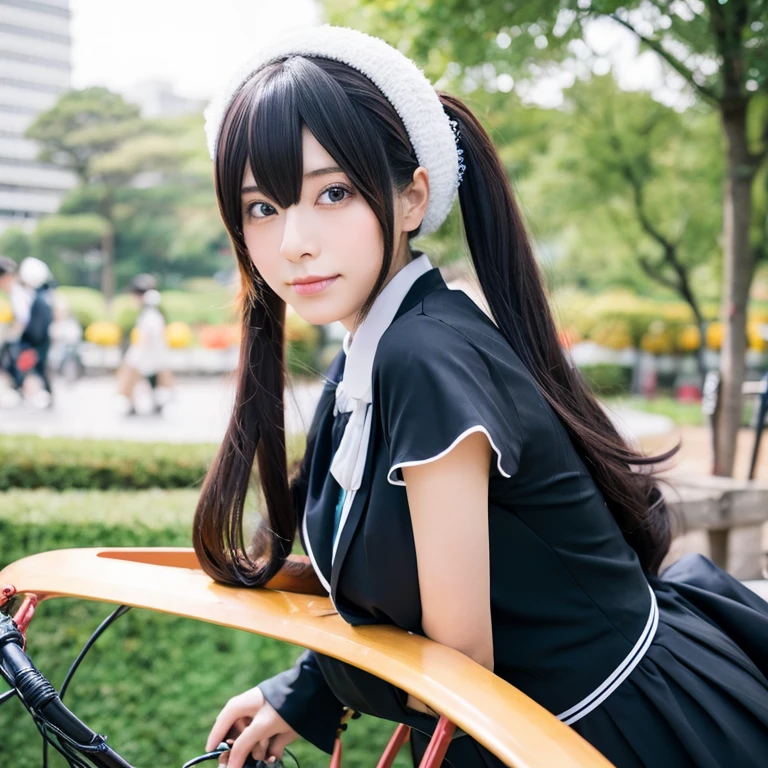 body 8 times longer than head, (Highly detailed CG unity 8k), (highest quality),(very detailed),(ultra high resolution), black hair, High school girl wearing a navy sailor suit, Realistic 3D rendering, realistic high school girl, ((White headband)), small breasts, tall, slanted eyes, (school scenery), black stockings, bright color, open your mouth, Dark blue skirt, braid hair, Bangs Patsun, position looking down from above, lie on your stomach, Photographing flowers blooming on the ground with a smartphone, smile,
