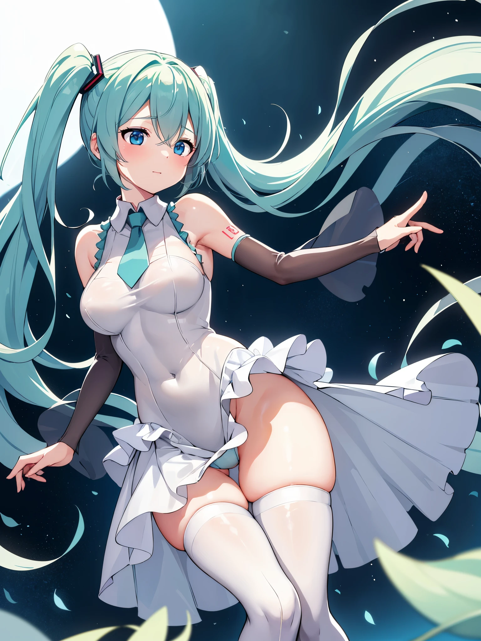 (1 girl),(high quality), (High resolution), (extremely detailed), (8K),(lower body shot),(Hatsune Miku wears panties under her transparent wedding dress),(wearing black knee-high stockings)not wearing shoes,perfect writing,(Beautifully erect nipple shape:1.2),High resolutionの美しい目,(neutral white lighting:1.2),Dancing in another world with strong winds