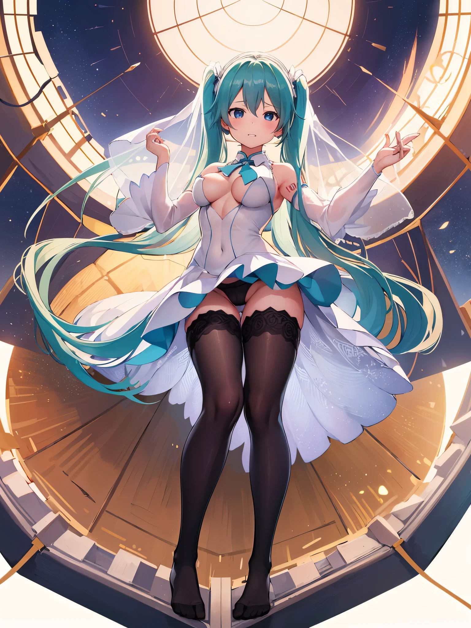 (1 girl),(high quality), (High resolution), (extremely detailed), (8K),(lower body shot),(Hatsune Miku wears panties under her transparent wedding dress),(wearing black knee-high stockings)not wearing shoes,perfect writing,(Beautifully erect nipple shape:1.2),High resolutionの美しい目,(neutral white lighting:1.2),Dancing in another world with strong winds