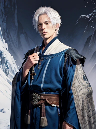 Fantasy portrait of a man wearing mystical robe and have short white hair.