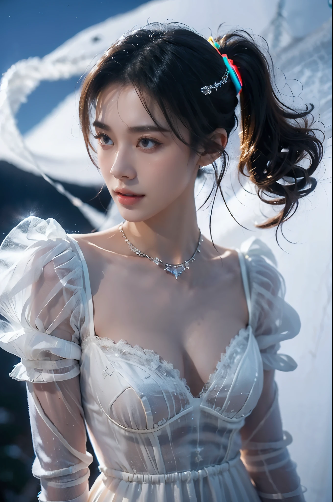 ((((8k))),((Extremely meticulous CG)) ,(wallpaper),16k,((Extremely refined and beautiful))，(((Masterpiece))),(((best qualtiy))),(((Ultra High Resolution))),beautiful light up,Perfect lightning,realistic shaded,[A high resolution],(Smooth and flawless fair skin:1.5),(pale skin:1.3),Extremely exquisite facial details,(perfect body:1.1),ultra-detailed,a girl,solo,small head,(short pony tail:1.3),(hair flying:1.1),small face,Exquisite makeup,slim,thin,happy,(Smile:1.2),(huge breasts:1.5),towering chest,(crown on head),(maxi Crystal Necklace),(Maxi Gorgeous crystal dress:1.3),(slender legs:1.2),(Suspender stockings:1.2),(night scene:1.5),(aurora on the sky:1.3),outdoor,(in a castle made of ice and snow:1.3),(snow scape:1.2),winter,(detailed background:1.5),(standing:1.2),(close-up of upper body:1.3),(from front:1.3),(Shining neon lights:1.2)
