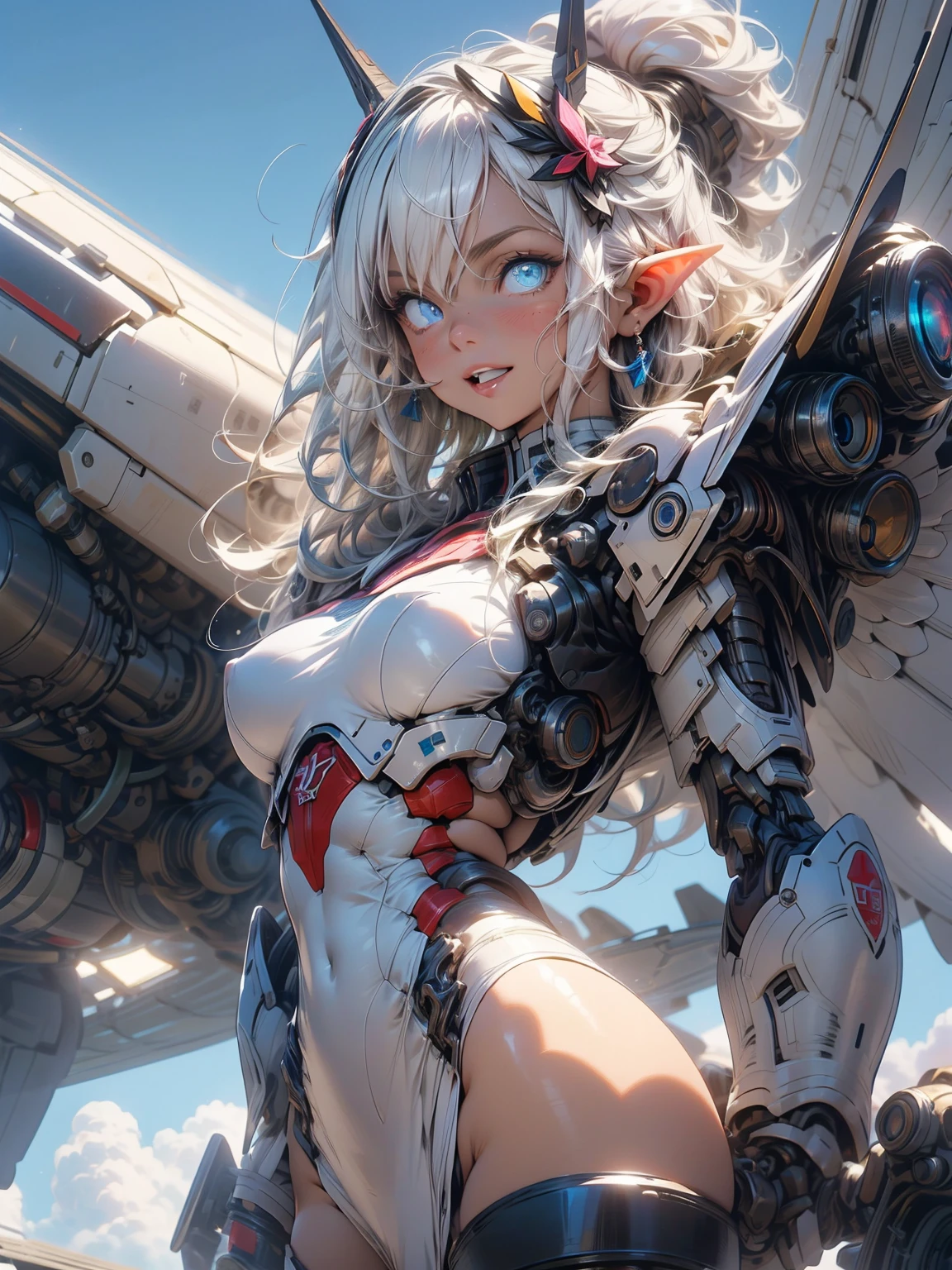 (masterpiece, highest quality, wonderful, very detailedティッカーユニティ、8k wallpaper, Depth of written boundary, Ultra-thin illustration:1.5)、3D, very detailed, (whole body、Mecha elf girl:1.3), sci-fi battlefield, Hawken, smile, open your mouth, short ponytail hair, (white blonde hair, deep blue eyes:1.2), sparkling eyes, cute顔, cute, big breasts, delicate hair, messy hair, (((Flying high in the sky))、blue sky, White cloud), shiny hair, shiny skin, (Symmetrical mechanical winetallic colored mechanical wings that are widely expanded to the left and right so that they protrude wonderfully from the screen, headgear, white hair ornament), (particles of light, cinematic lighting: 1.But pink lips: 0.8), by Yusuke Murata.