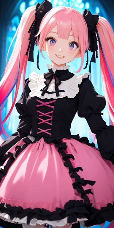 (pink hair,colorful fluorescence multicolored hair:1.5,twintails:1.5), (masterpiece, sidelights, exquisite beautiful eyes: 1.5), masterpieceportrait, realistic, ((gothic horror background:1.5)),(Gentle face:1.5),colorful,3D face,(cute face),front view: 1.6、 (glowing red eyes:1.2),(tareme:1.5)、(cute smile:1.5),((blue lips:1.2)),Slim Body, shiny hair, shiny skin: 1.5、medium breasts,、solo,(stand)、(gothic ta dress:1.5)、(charactor focus:1.5、portlate、eye focus,cowboy shot)、bright atmosphere,intricatedetails