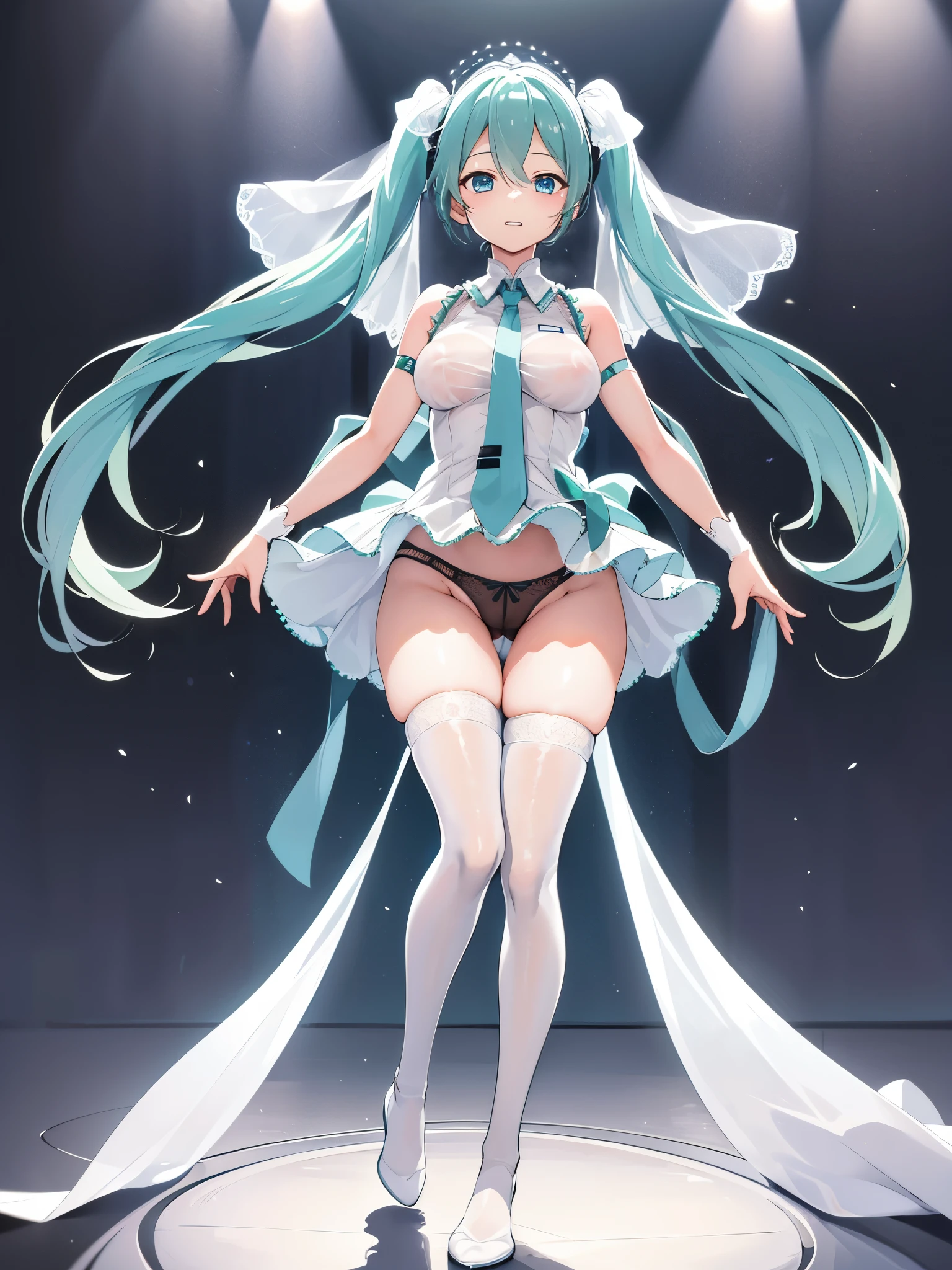 (1 girl),(high quality), (High resolution), (extremely detailed), (8K),(lower body shot),(Hatsune Miku wears under her transparent wedding dress),(wearing black knee-high stockings)not wearing shoes,perfect writing,(Beautifully erect n shapeHigh resolutionの美しい目,(neutral white lighting:1.2),Dancing in another world withrong winds