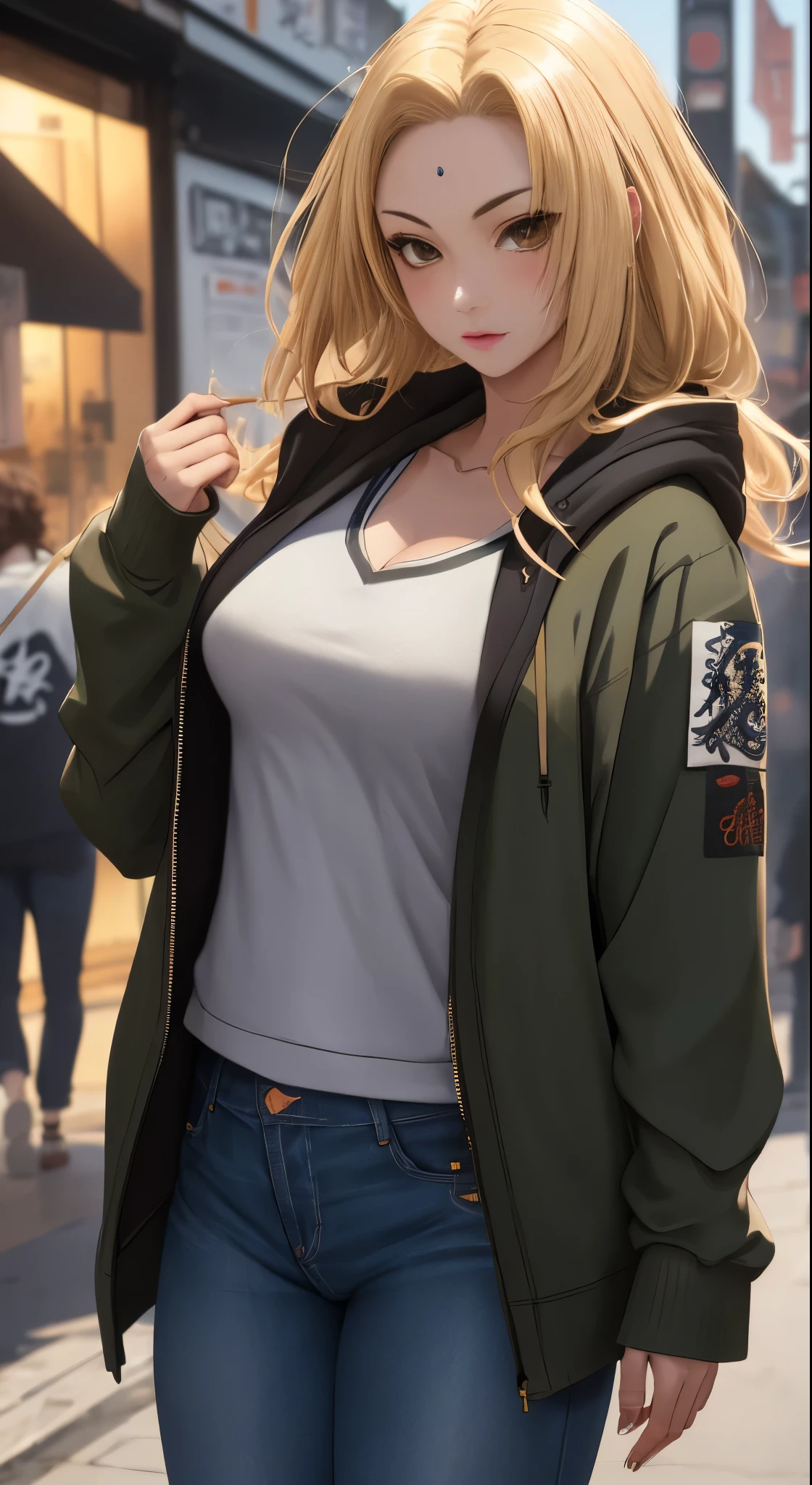 highres, masterpiece, ((intricate details)), highly detailed, upper body, 1girl, blonde hair, brown eyes, tsunade_senju, wearing Streetwear Hoodie, stylish, blue jeans, dinamic lighting, vivid colours 