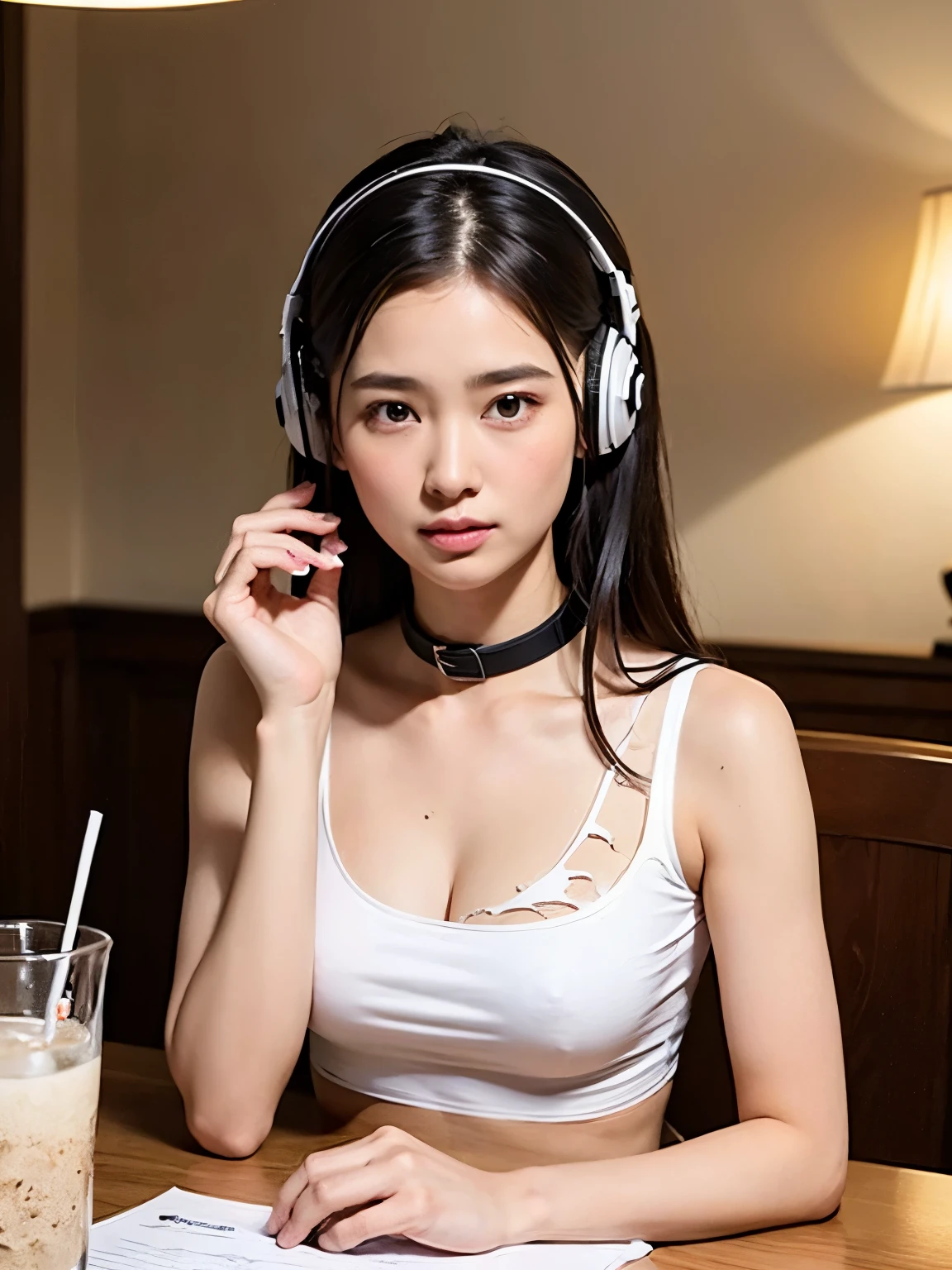 ((Medium chest, Soft Girl,)), (chiseled abs: 1.1), (perfect body: 1.1), (medium hair: 1.2), 赤茶colorの髪, headphones, hard nipples, View bras, collar, rock, full body shot, crowded street, wearing a tank top, jeans, (torn clothes:1.3)((Highly detailed CG 8k wallpaper), (an extremely delicate and beautiful one), (table top), (highest quality: 1.0), (ultra High resolution:1.0),  beautiful lighting, perfect lighting, realistic shadow, [High resolution], fine skin, Super detailed (((color)))), very realistic,