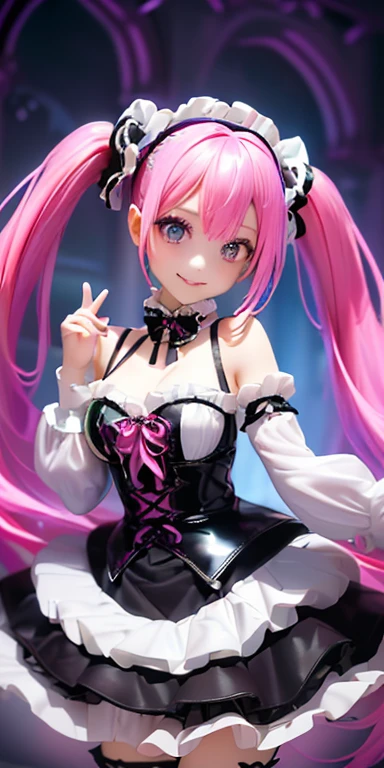 (pink hair,colorful fluorescence multicolored  hair:1.5,twintails:1.5), (masterpiece, sidelights, exquisite beautiful eyes: 1.5), masterpiece*portrait, realistic, ((gothic horror background:1.5)),(Gentle face:1.5),colorful,3D face,(cute face),front view: 1.6、 (glowing red eyes:1.2),(tareme:1.5)、(cute smile:1.5),((blue lips:1.2)),Slim Body, shiny hair, shiny skin: 1.5、medium breasts,、solo,(stand)、(gothic ****ta dress:1.5)、(charactor focus:1.5、portlate、eye focus,cowboy shot)、bright atmosphere,intricatedetails