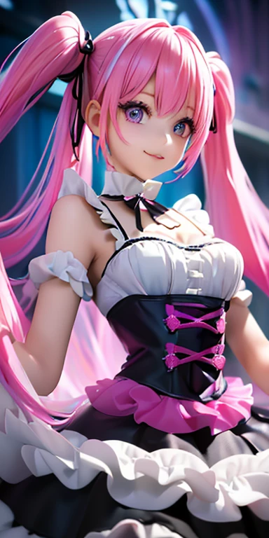 (pink hair,colorful fluorescence multicolored  hair:1.5,twintails:1.5), (masterpiece, sidelights, exquisite beautiful eyes: 1.5), masterpiece*portrait, realistic, ((gothic horror background:1.5)),(Gentle face:1.5),colorful,3D face,(cute face),front view: 1.6、 (glowing red eyes:1.2),(tareme:1.5)、(cute smile:1.5),((blue lips:1.2)),Slim Body, shiny hair, shiny skin: 1.5、medium breasts,、solo,(stand)、(gothic ****ta dress:1.5)、(charactor focus:1.5、portlate、eye focus,cowboy shot)、bright atmosphere,intricatedetails