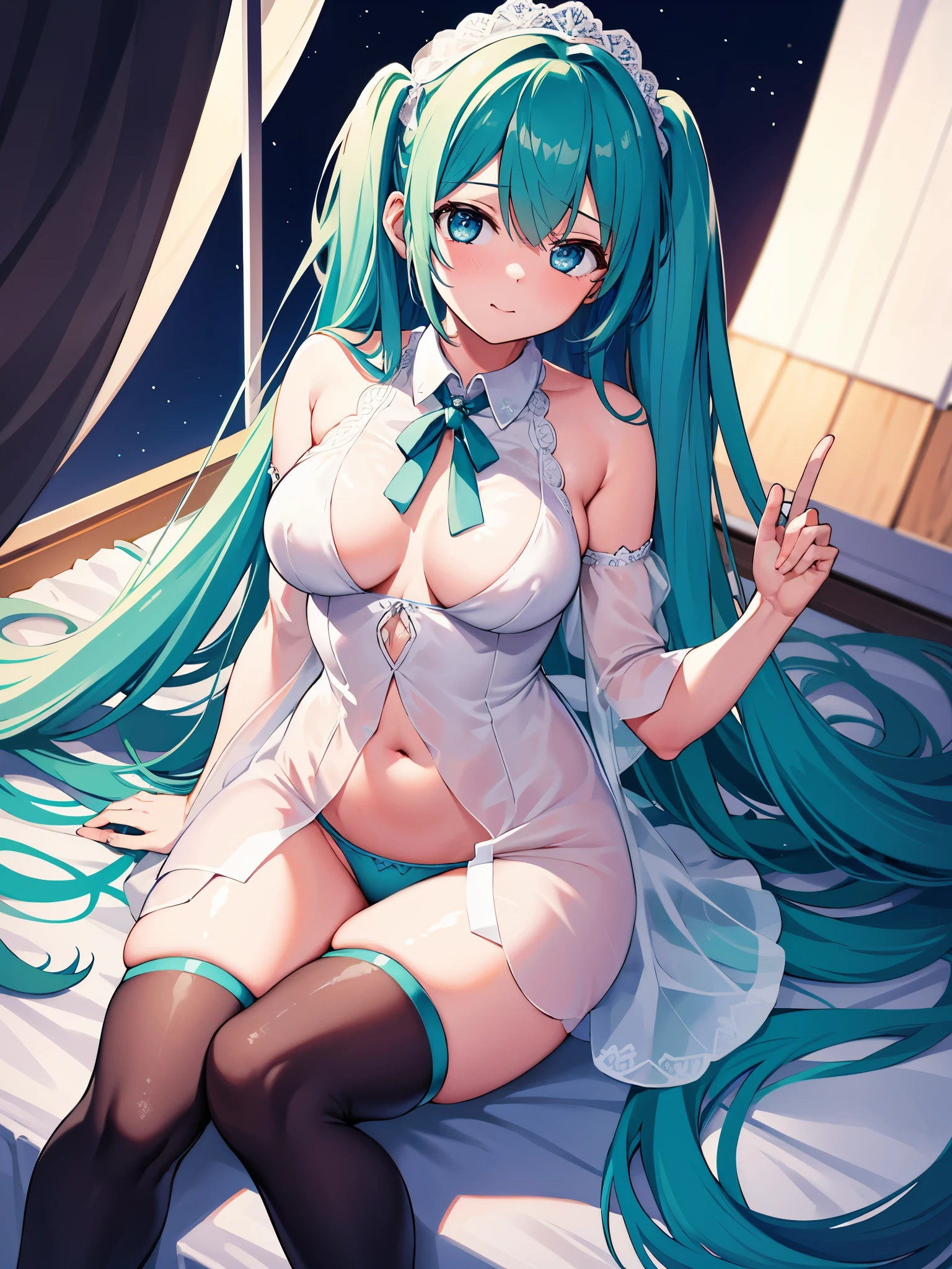 (1 girl),(high quality), (High resolution), (extremely detailed), (8K),(lower body shot),(Hatsune Miku wears panties under her transparent wedding dress),(wearing black knee-high stockings)not wearing shoes,perfect writing,(Beautifully erect nipple shape:1.2),High resolutionの美しい目,(neutral white lighting:1.2),I&#39;m sitting in a windy, different world