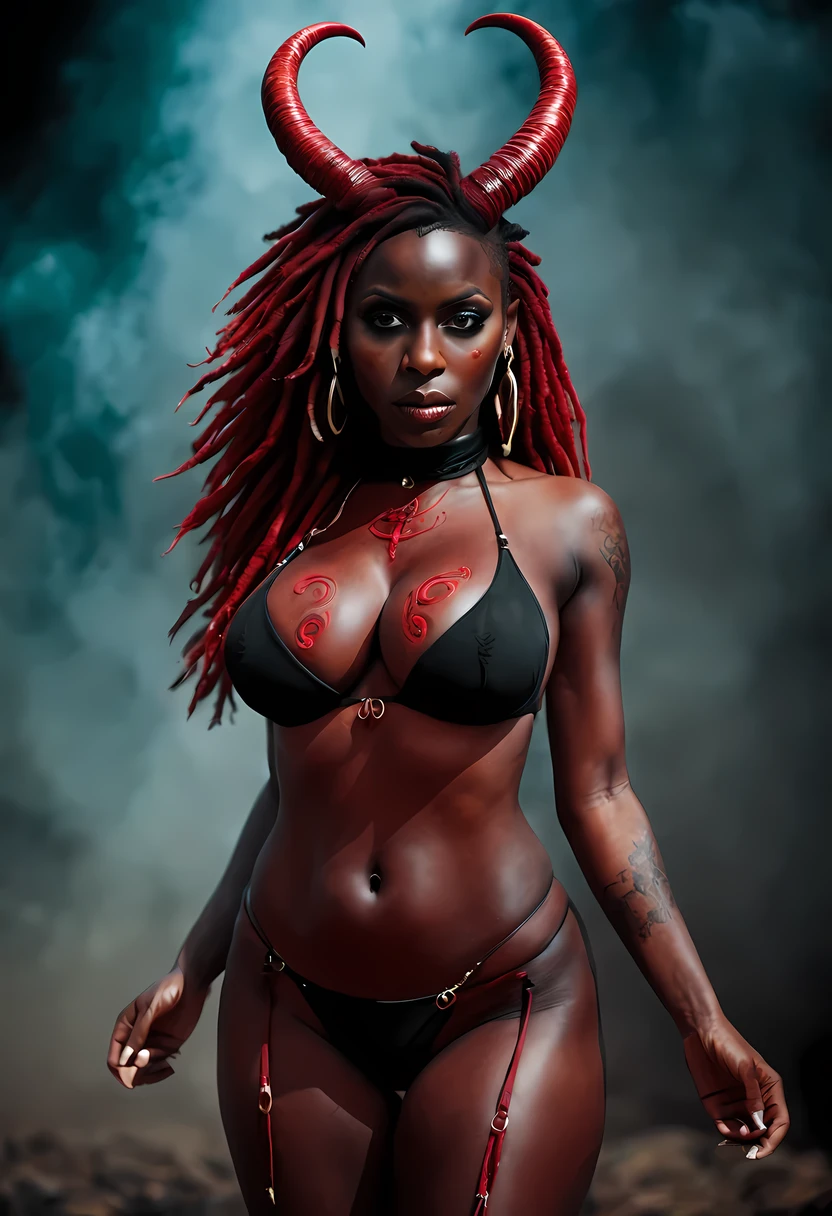 A photograph of a demon woman with mesmerizingly (ruby red skin), with hyper huge breast, she has horns, she has dreadlocks, possessing distinctive African American features. She stands confidently with her hands on her breast in a black 2 piece bikini, showcasing her voluptuous and curvy silhouette. The background is an otherworldly, fiery abyss, with swirling shadows and ethereal flames. The intense red glow of the environment accentuates her demonic allure. (Taken on: Professional DSLR, f/2.8, 50mm lens),aw0k magnstyle,aw0k euphoric style