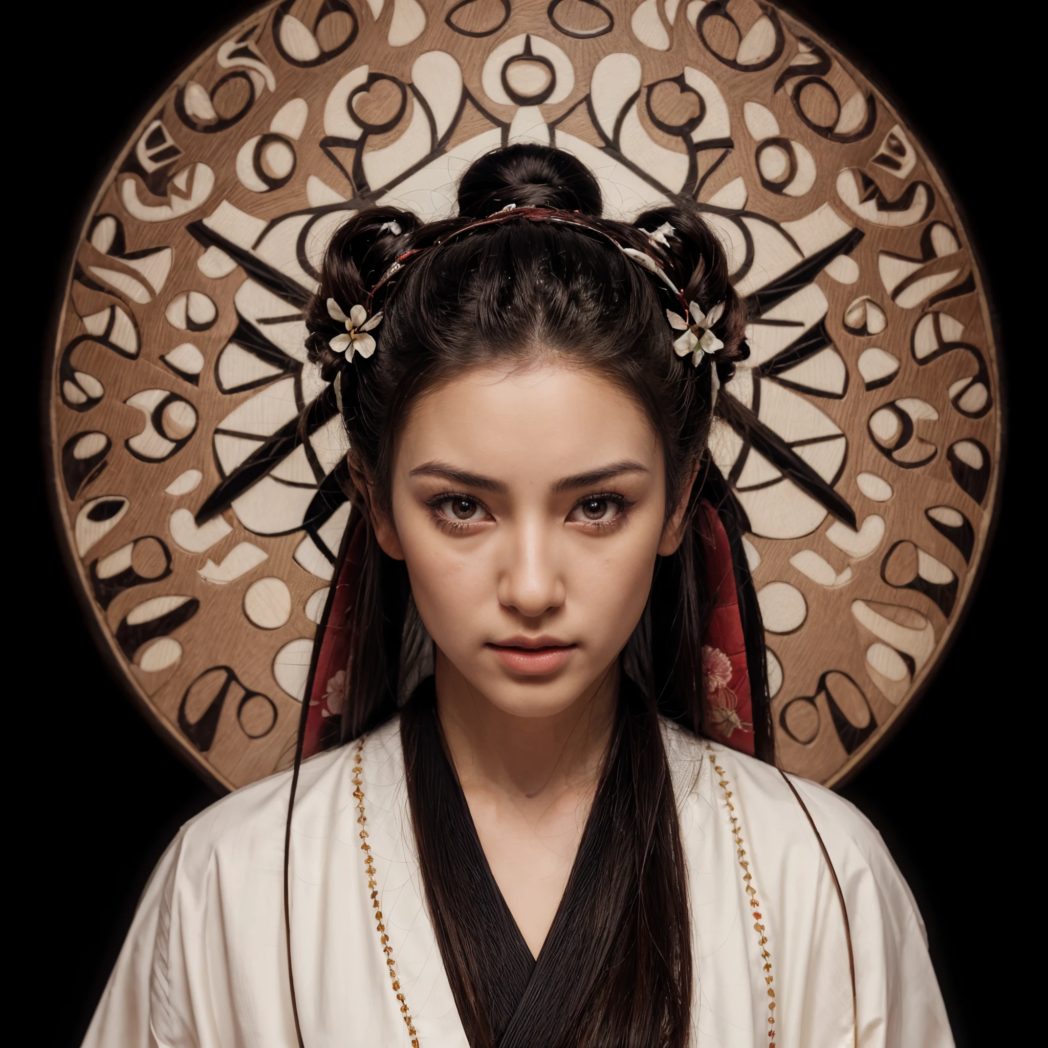 ((hyperrealistic, photorealistic, intricate details, full HD, maximum quality)) A beautiful japanese geisha, with beautiful eyes, long black hair, beautiful lips, silky skin, with buns in her hair and red flowers, wearing a black and white kimono, and in the background a stylized mosaic in the shape of a circle.