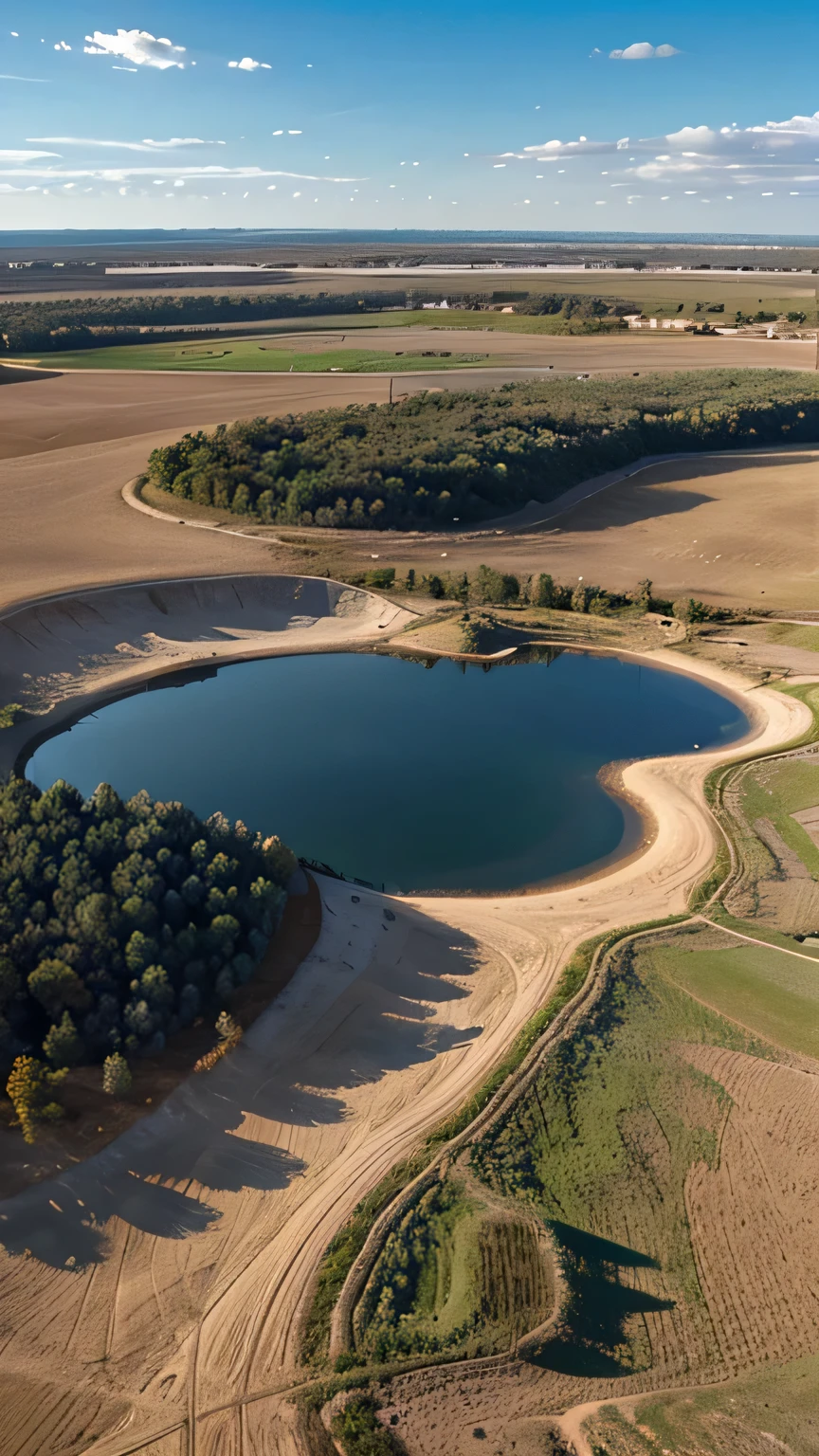 Create an aerial image of a sandy plain, with some bushes and a lake that reflects the clouds in the sky.