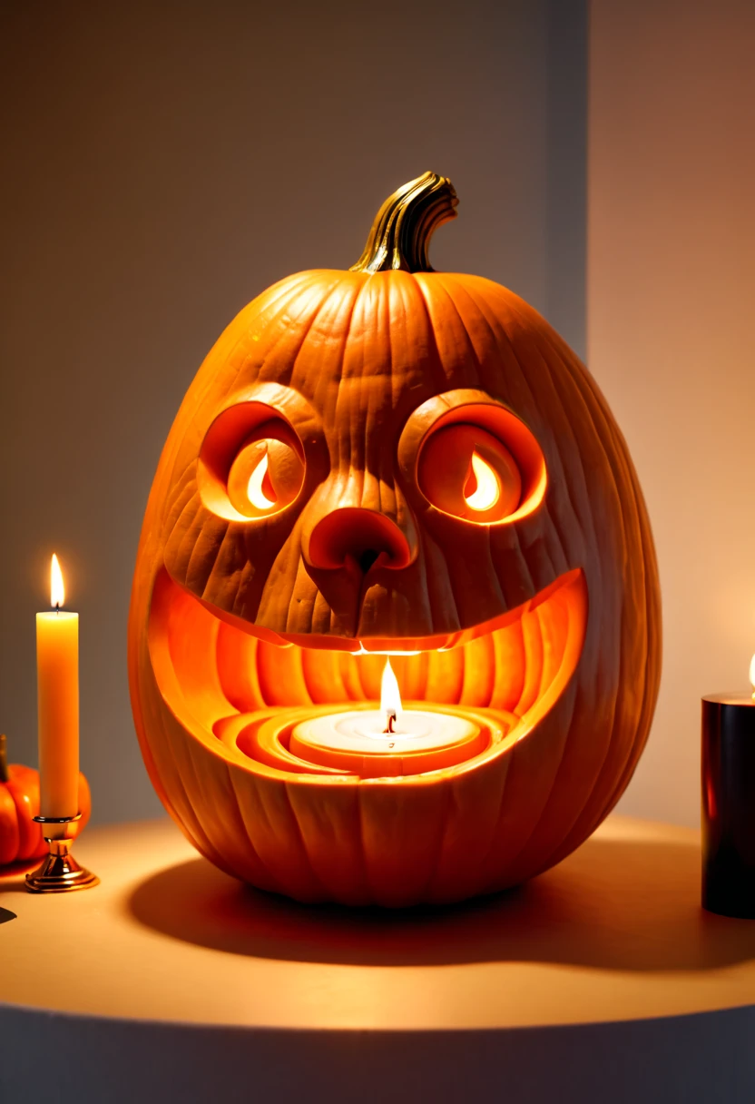 Pumpkin Carving design style, Museum Exhibition Work, Mecha by Katsuhiro Otomo and Yoji Shinkawa Carved on Pumpkin, full body, octane render, (best quality, masterpiece, Representative work, official art, Professional, 8k:1.3)