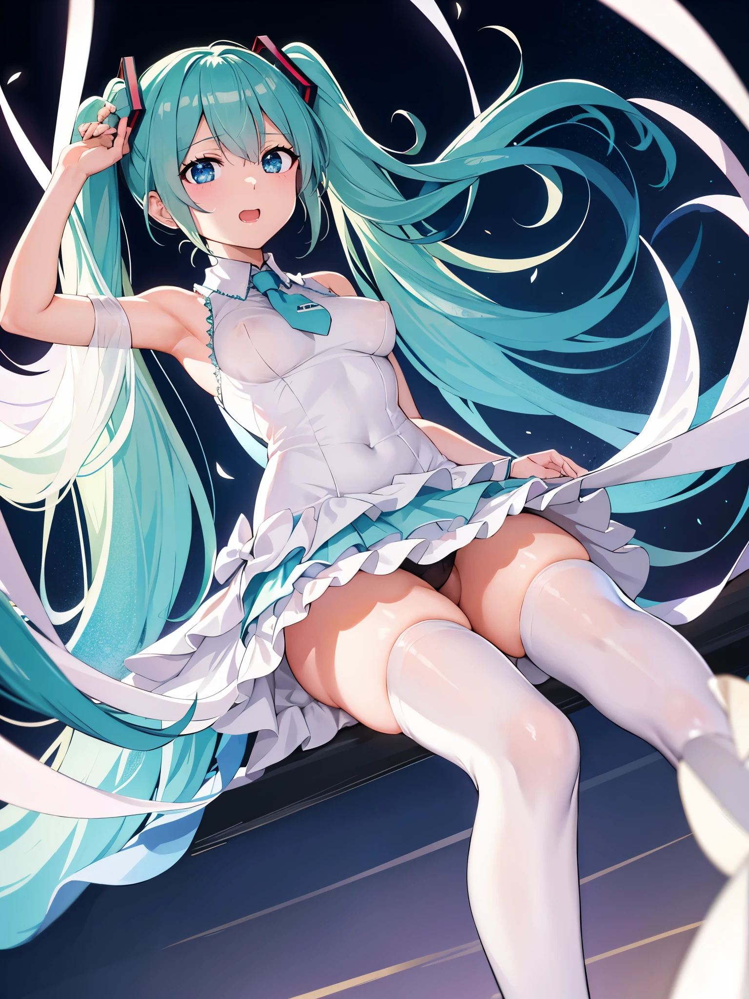 (1 girl),(high quality), (High resolution), (extremely detailed), (8K),(lower body shot),(Hatsune Miku wears panties under her transparent wedding dress),(wearing black knee-high stockings)not wearing shoes,perfect writing,(Beautifully erect nipple shape:1.2),High resolutionの美しい目,(neutral white lighting:1.2),I&#39;m sitting in a windy, different world