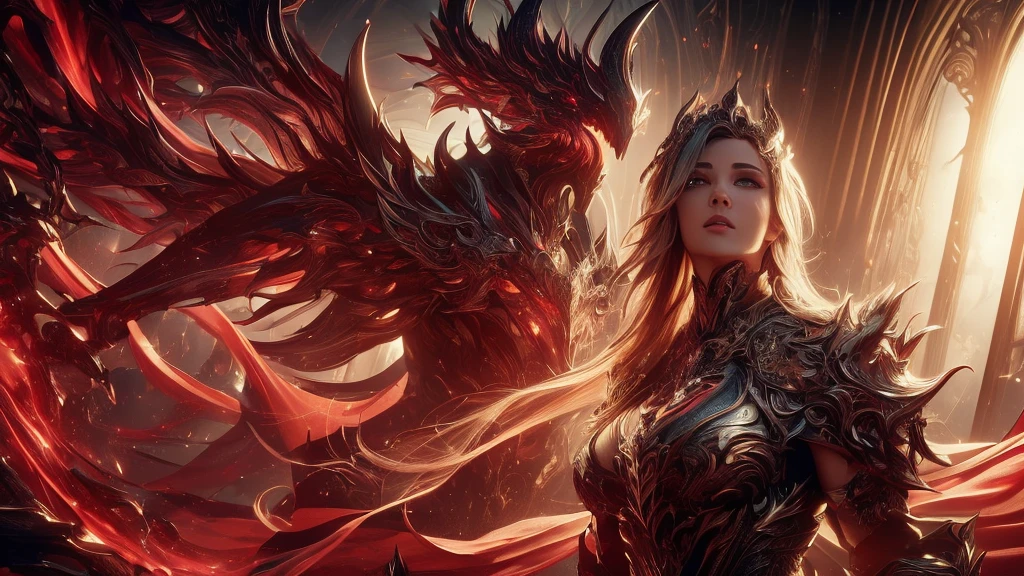(in 8K, RAW Photos, top-quality, masterpiece:1.2), (realisitic, Photorealsitic:1.37), ultra-detailliert, high resolution, Huge Monster and sexy sorceress, building crumbling, Burning flame, stunningly beautiful face, dynamic ungle