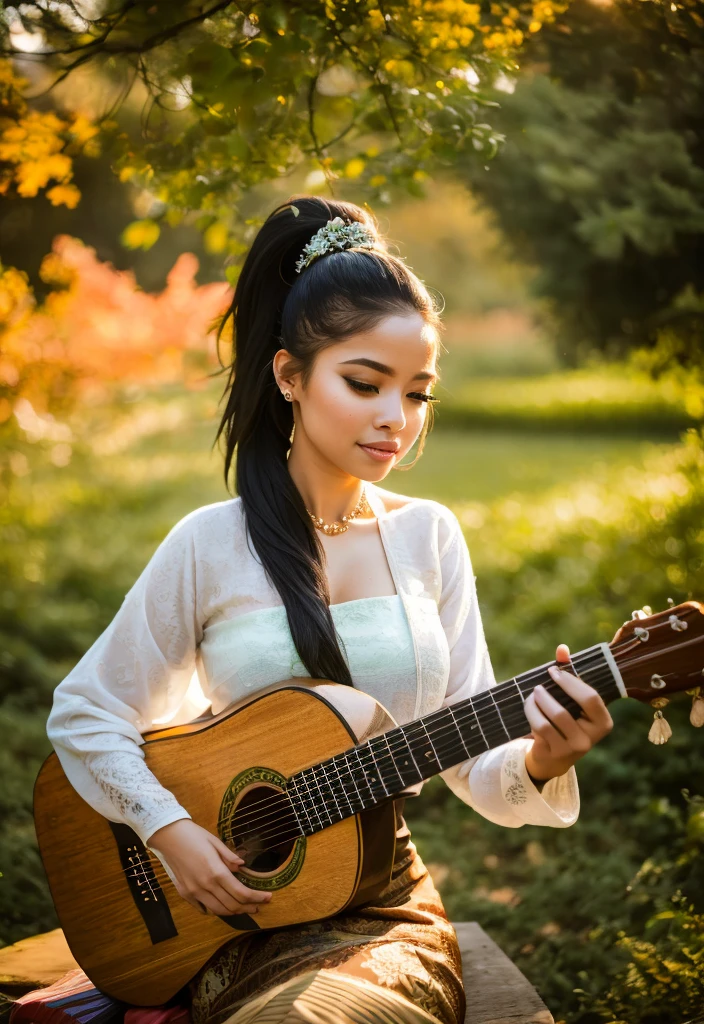 (best quality,4k,highres:1.2), ultra-detailed, realistic, beautiful detailed green eyes, beautiful detailed lips, long eyelashes, full body view, 1woman ponytail black hair is sitting on the bench with playing a guitar, behind a big lake, autumnal, falling leaf, Cinematic light and shadow, photorealistic:vibrant colors:1.1, vivid foliage:1.1, natural backlighting:1.1, serene expression, soft warm sunlight, joyful atmosphere, lush greenery, melodic voice, loose flowing hair, musical notes floating in air, enhanced contrast:1.1, dynamic pose, subtle bokeh:1.1