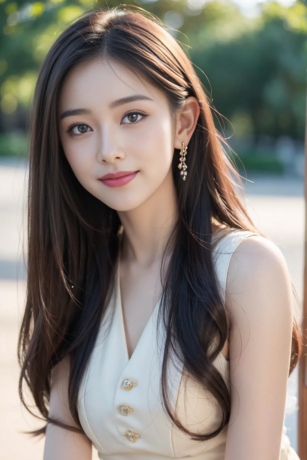 (8k, best quality, masterpiece:1.2), (actual, lifelike:1.37), Ultra-detailed, 1 girl,Lovely,alone,beautiful detailed sky,date,(blush),(Smile:1.15),(Keep your mouth shut)Small,Beautiful and delicate eyes,(long hair: 1.2),Flowing hair novaFrogStyle, Upper body, Vest