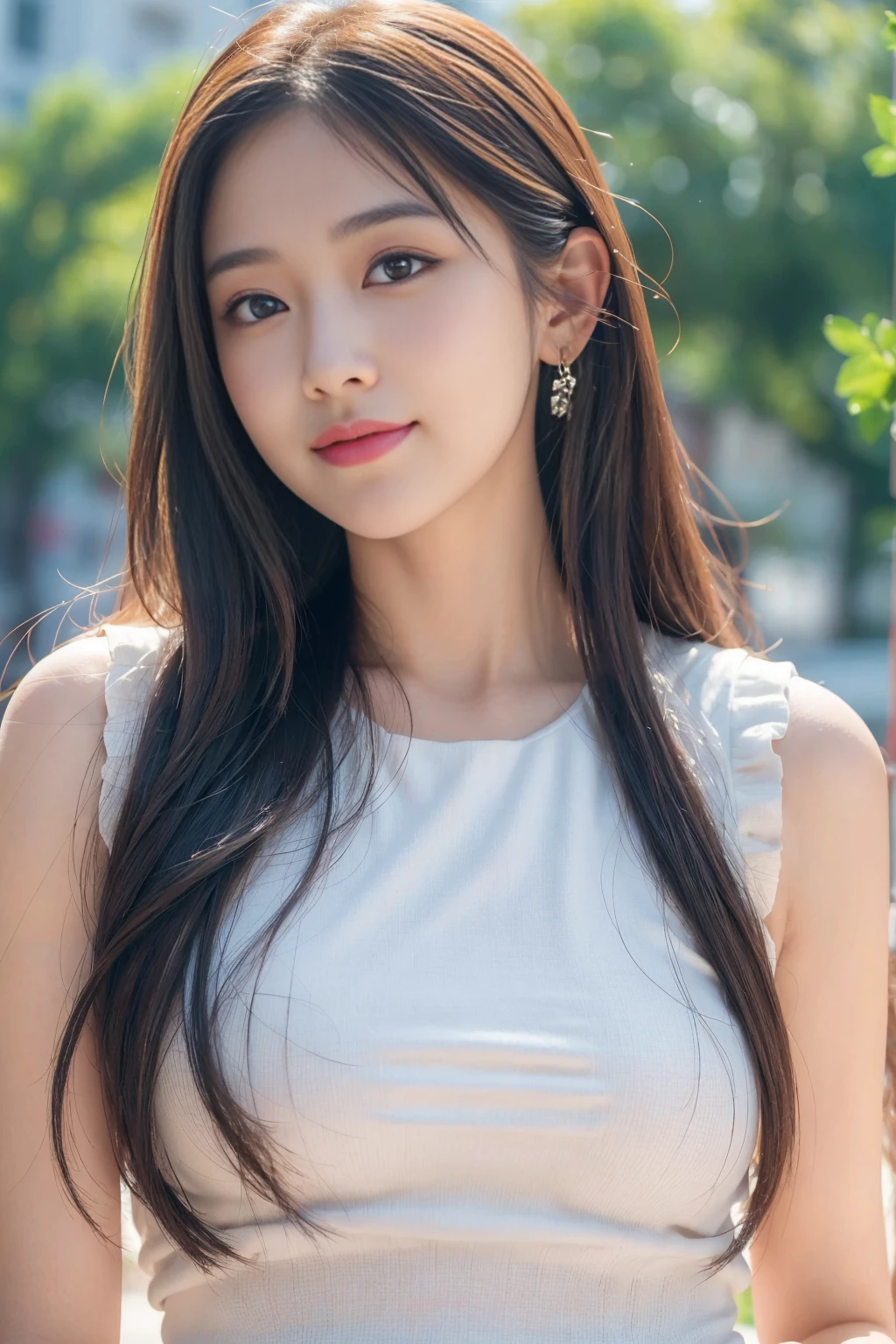 (8k, best quality, masterpiece:1.2), (actual, lifelike:1.37), Ultra-detailed, 1 girl,Lovely,alone,beautiful detailed sky,date,(blush),(Smile:1.15),(Keep your mouth shut)Small,Beautiful and delicate eyes,(long hair: 1.2),Flowing hair novaFrogStyle, Upper body, Vest