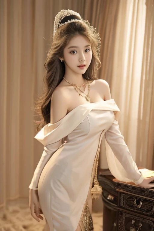 1girl 20 year old, solo, long brown hair, a little big breasts, looking at viewer, blonde hair, bare shoulders, brown eyes, jewelry, necklace, off shoulder, lips, realistic, nose, flirting with camera, sexy standing position, focus body structure, transparent cloths