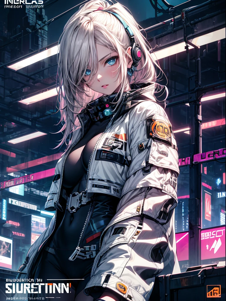 (Enrich the picture,Masterpiece level quality)Beautiful 8K CG artwork,1girl,solo,detailed face, perfect face, perfect eyes,blue eyes,Long Hair,Very long hair, big boob,thighs,grey hair,Slim and soft,big breasts,outdoors, night, neon lights,cyber punk,