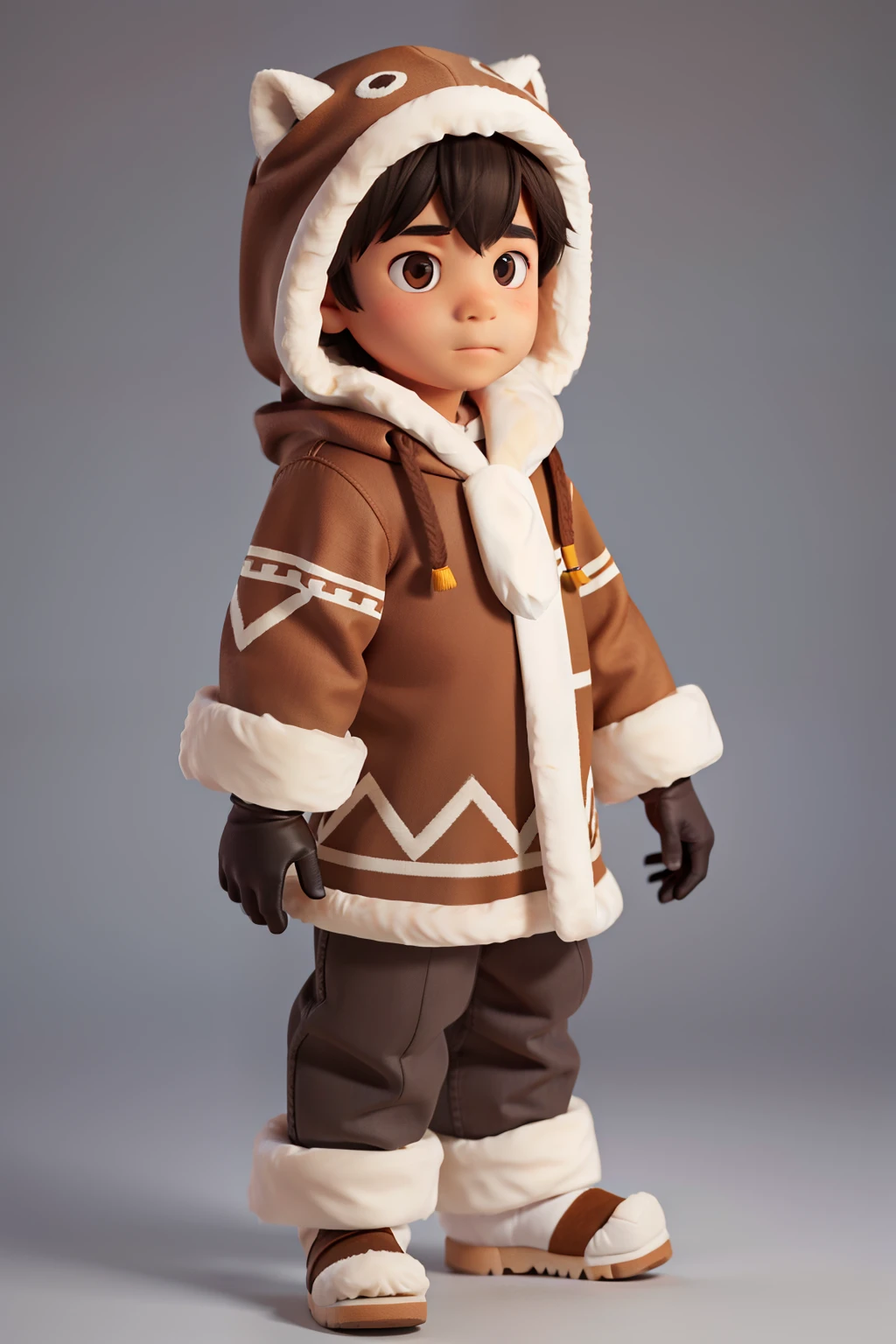 Boy in Traditional inuit brown clothing, with hood, fur trim, no background, wearing black gloves, full body lenght portrait.